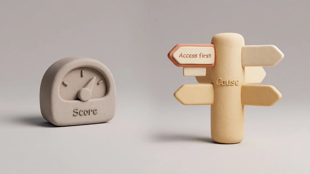 Clay score gauge beside a signpost labelled cause, pointing to access first