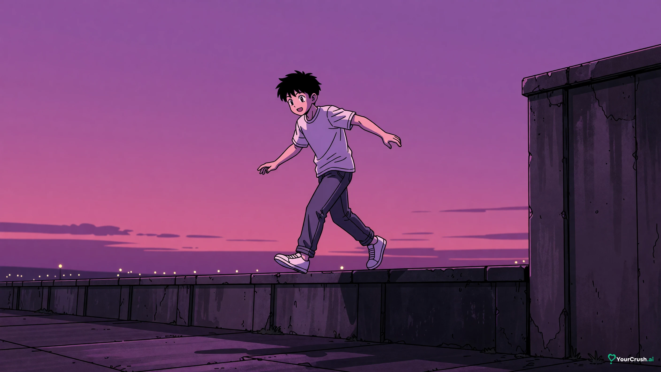 Anime character walking along a wall marked with a faint line, stepping over it just before it rises