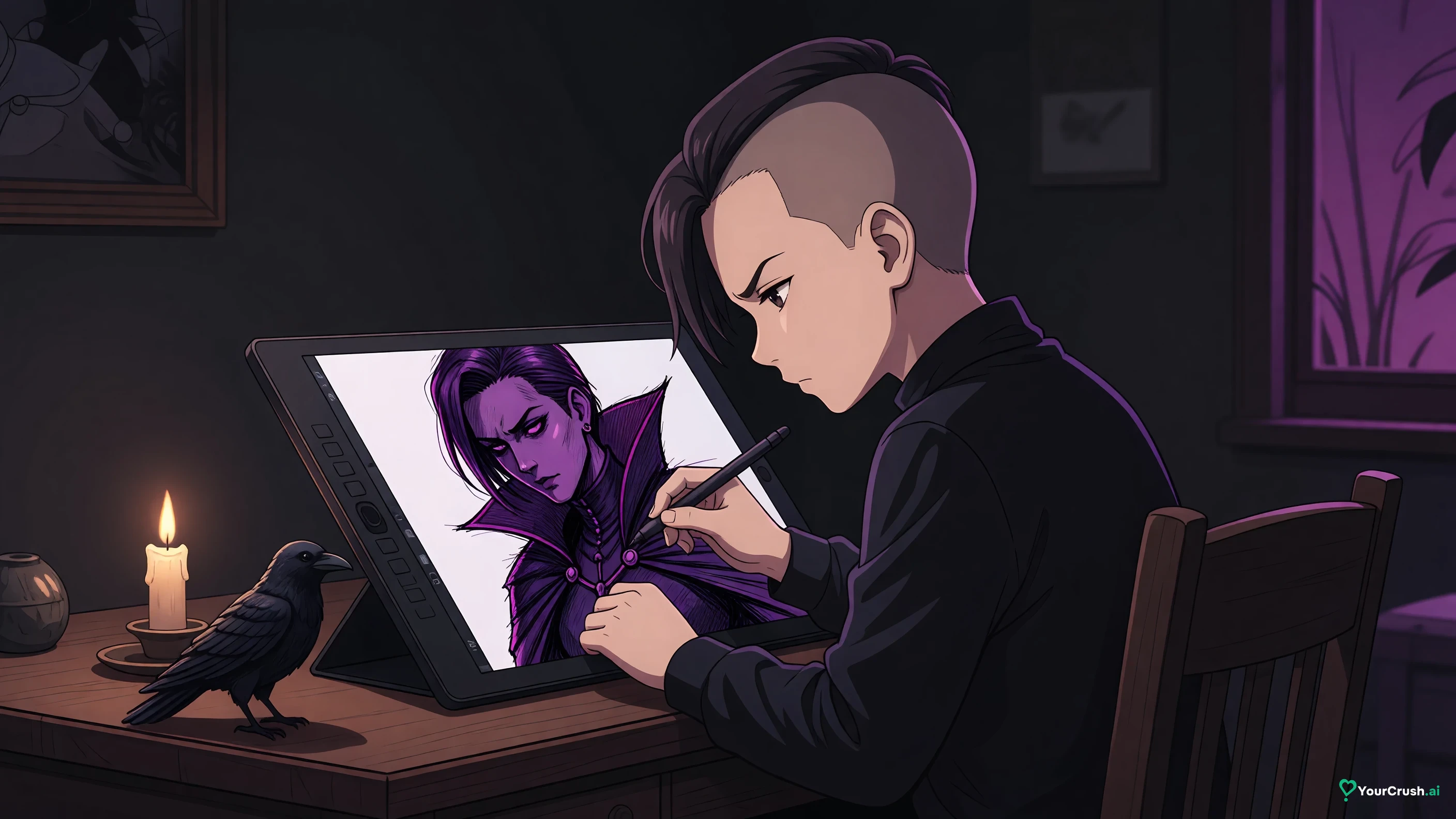 Anime artist at a drawing tablet with a gothic portrait forming, candle and raven on the desk