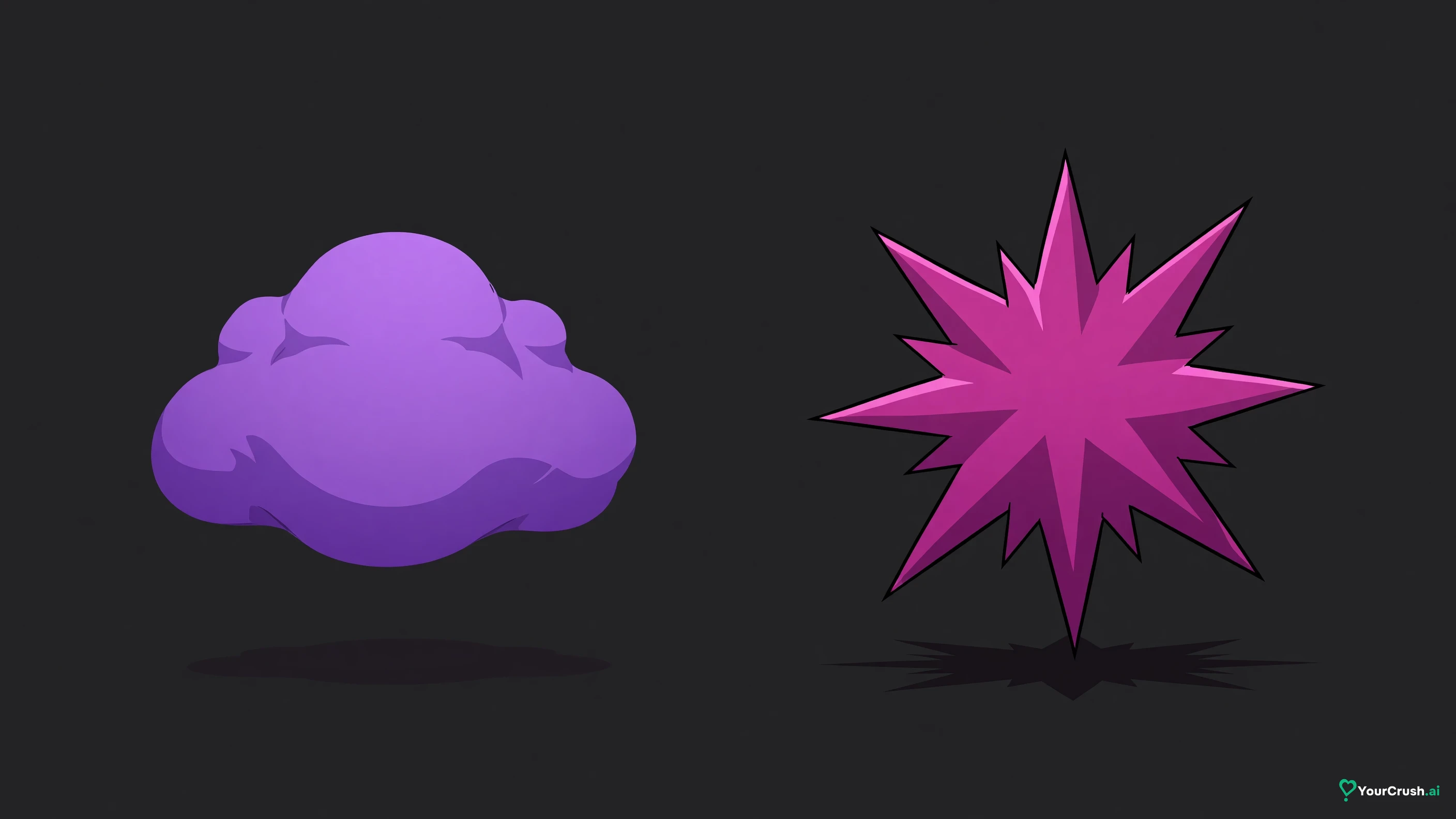 Two panels: a soft rounded blob shape, then a sharp spiky star shape, both floating on a dark ground
