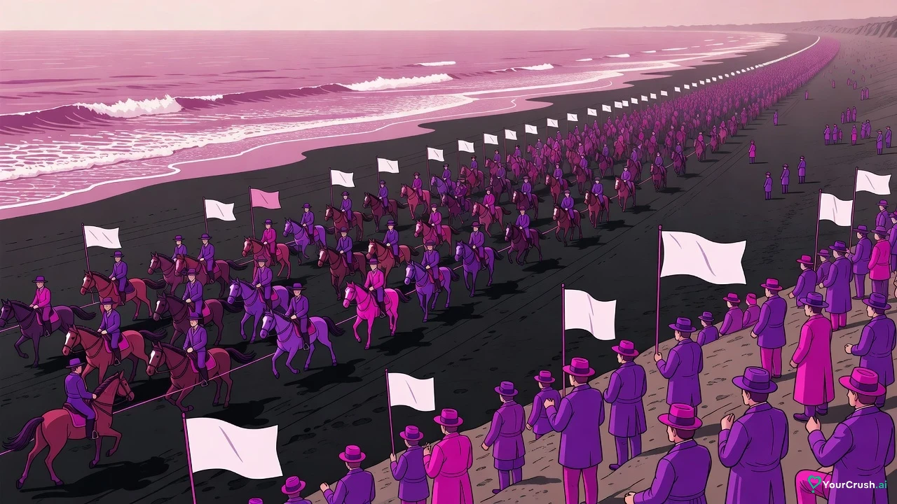 Hundreds of horse riders lined up on a beach at morning for the start of a long-distance race in the 1890s