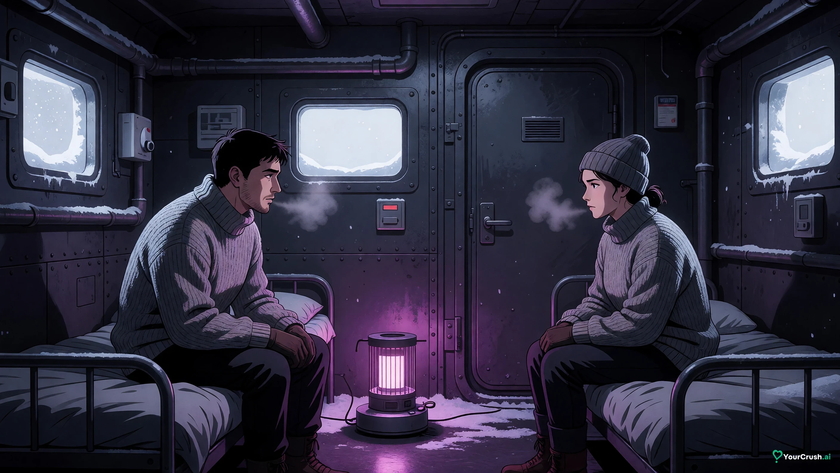 Two strangers in a snowed-in research station, sitting on opposite sides of a small heater