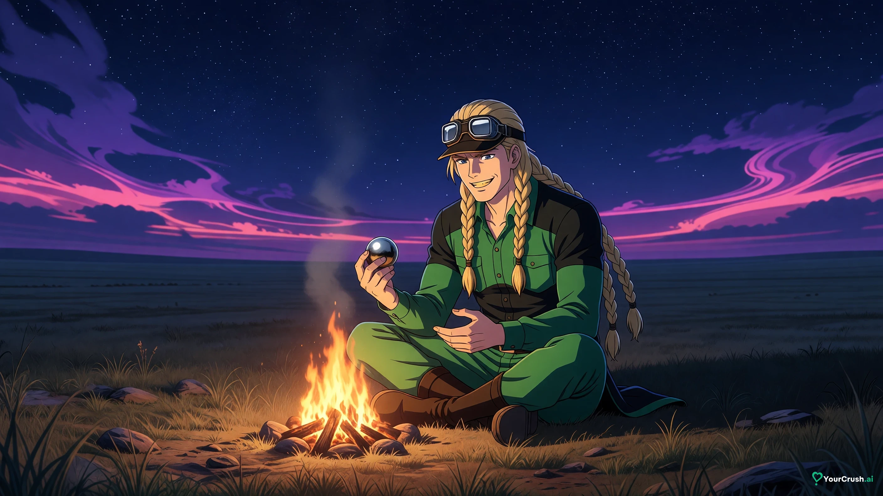 Gyro Zeppeli turning a steel ball by a campfire on the prairie at night