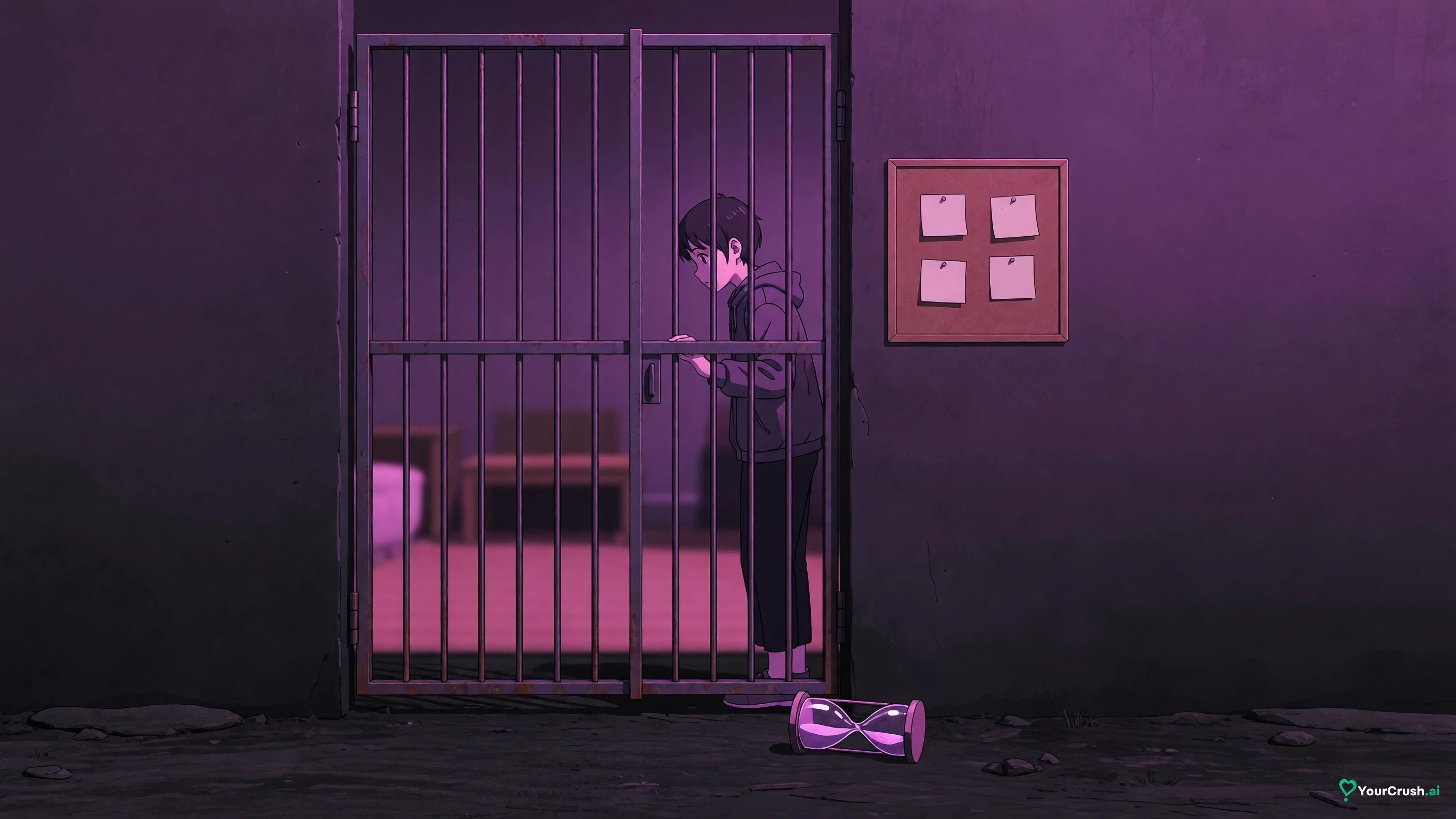 A closed gate in front of a chat room with an hourglass on the ground and a small pinboard with a few notes