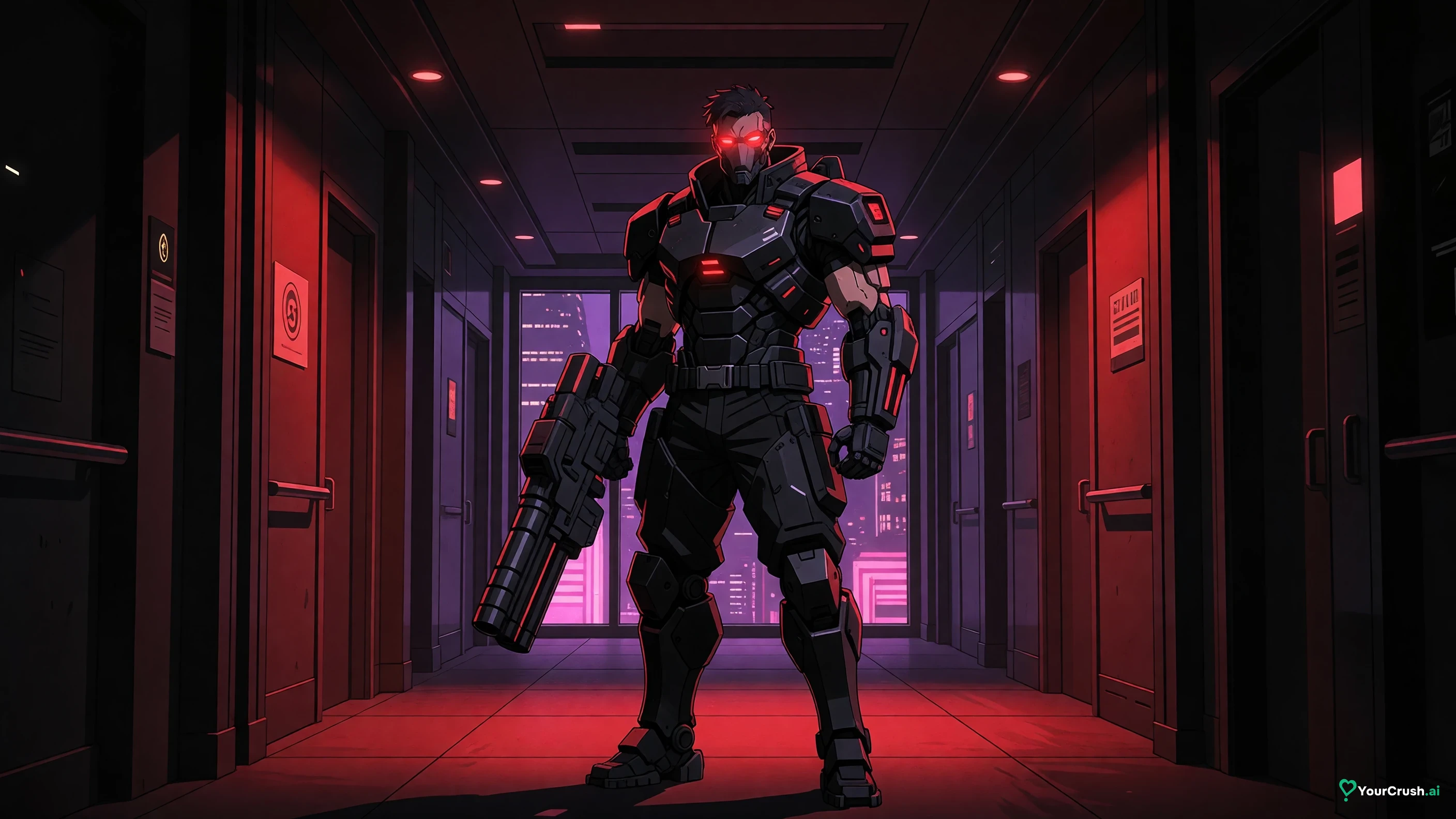 Adam Smasher from Cyberpunk Edgerunners standing at the end of a red-lit corridor in Arasaka Tower