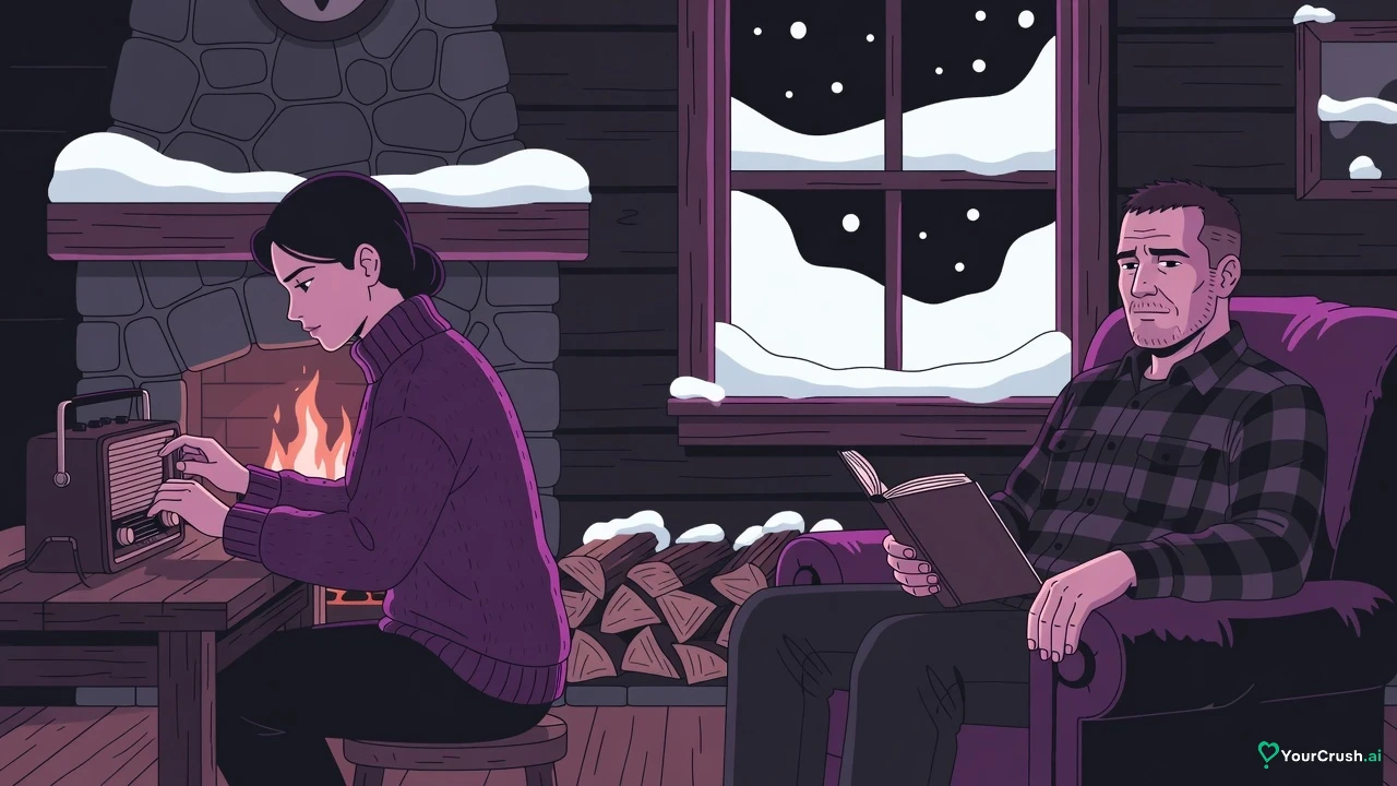 In a snowed-in cabin, a woman with a radio and a man with a paperback sit either side of a stacked-log border