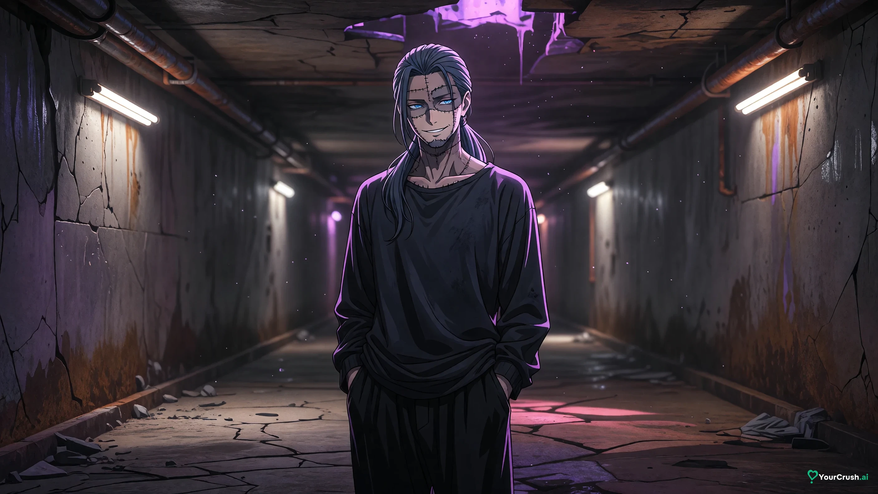 Mahito the patchwork curse from Jujutsu Kaisen standing in a dim underground passage