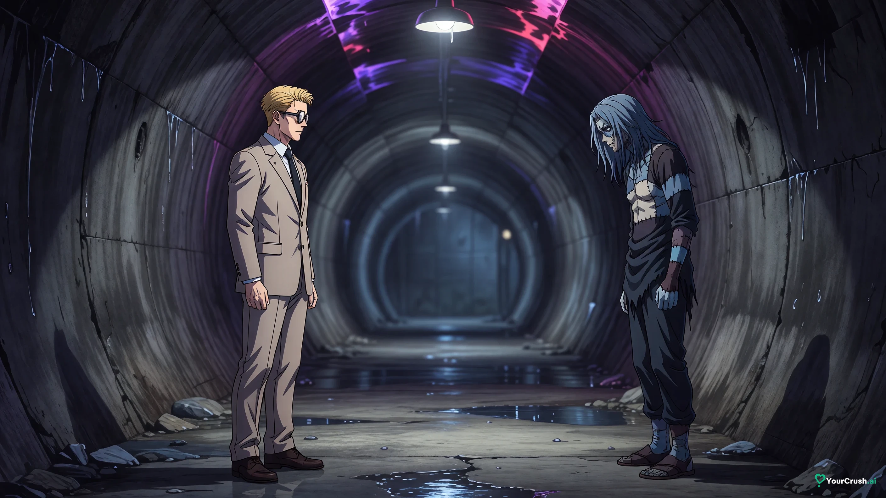 Kento Nanami from Jujutsu Kaisen facing the curse Mahito in an underground tunnel