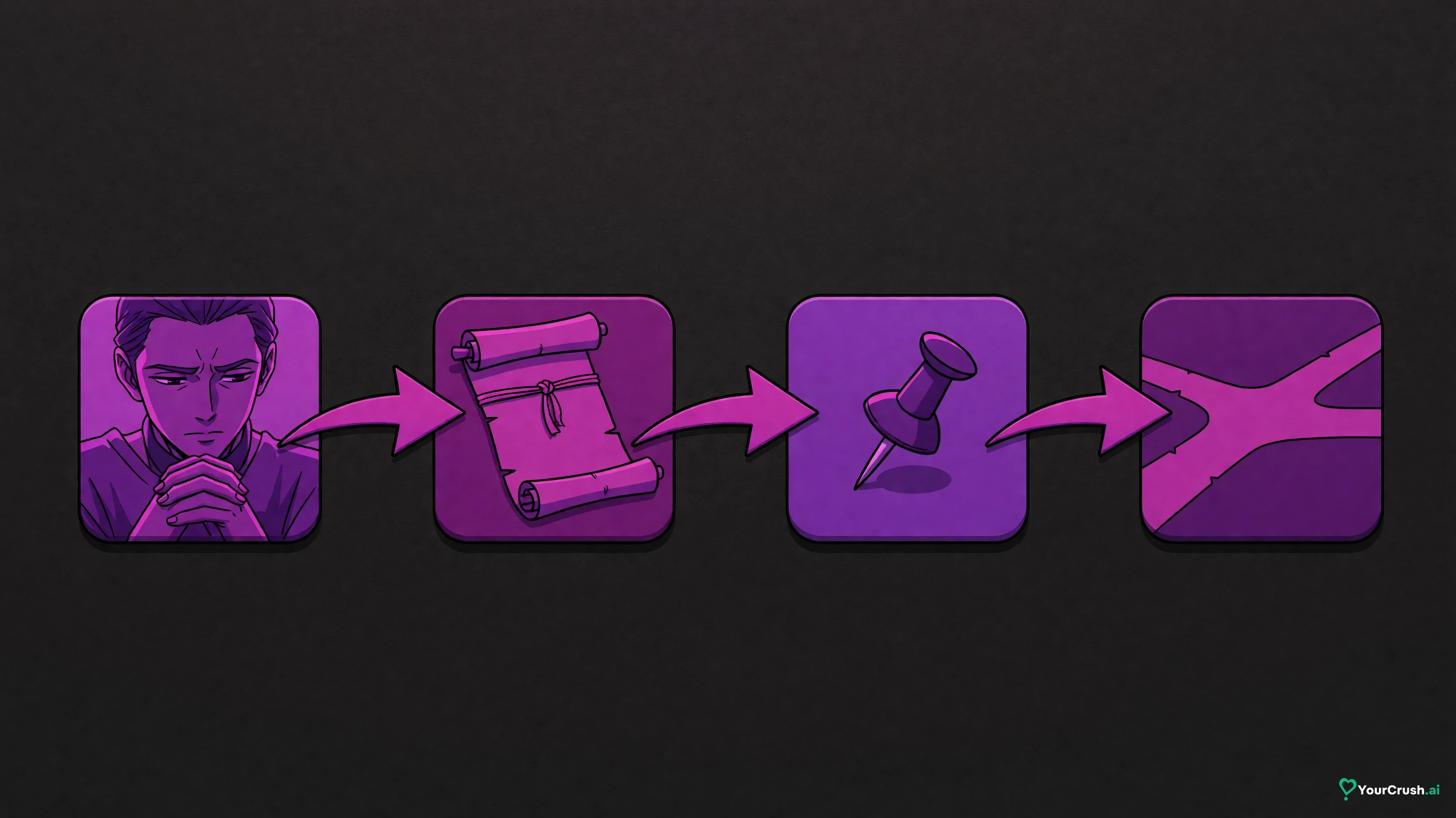 Four tiles left to right: a character card, a scroll of context, a push pin, a forked path