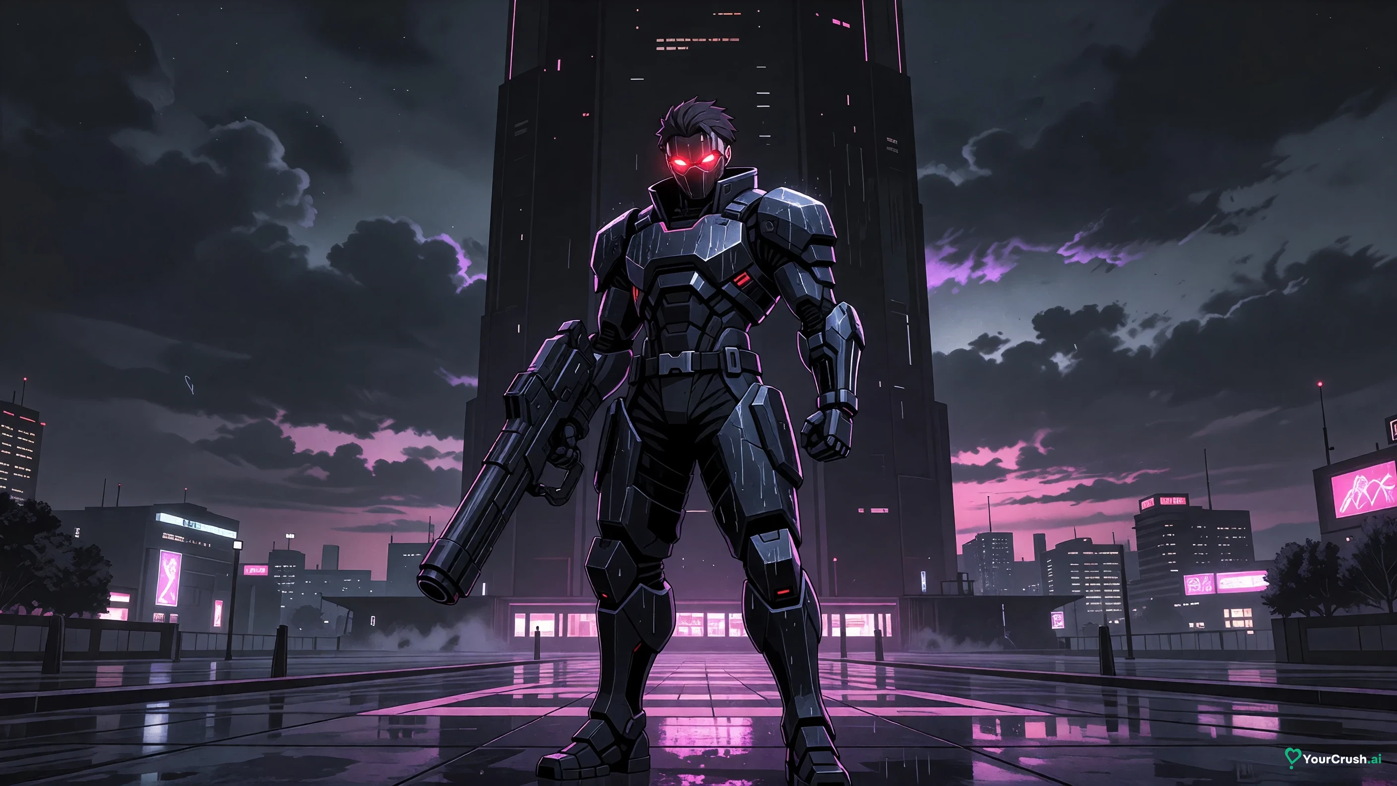 Adam Smasher from Cyberpunk Edgerunners standing in the plaza below Arasaka Tower