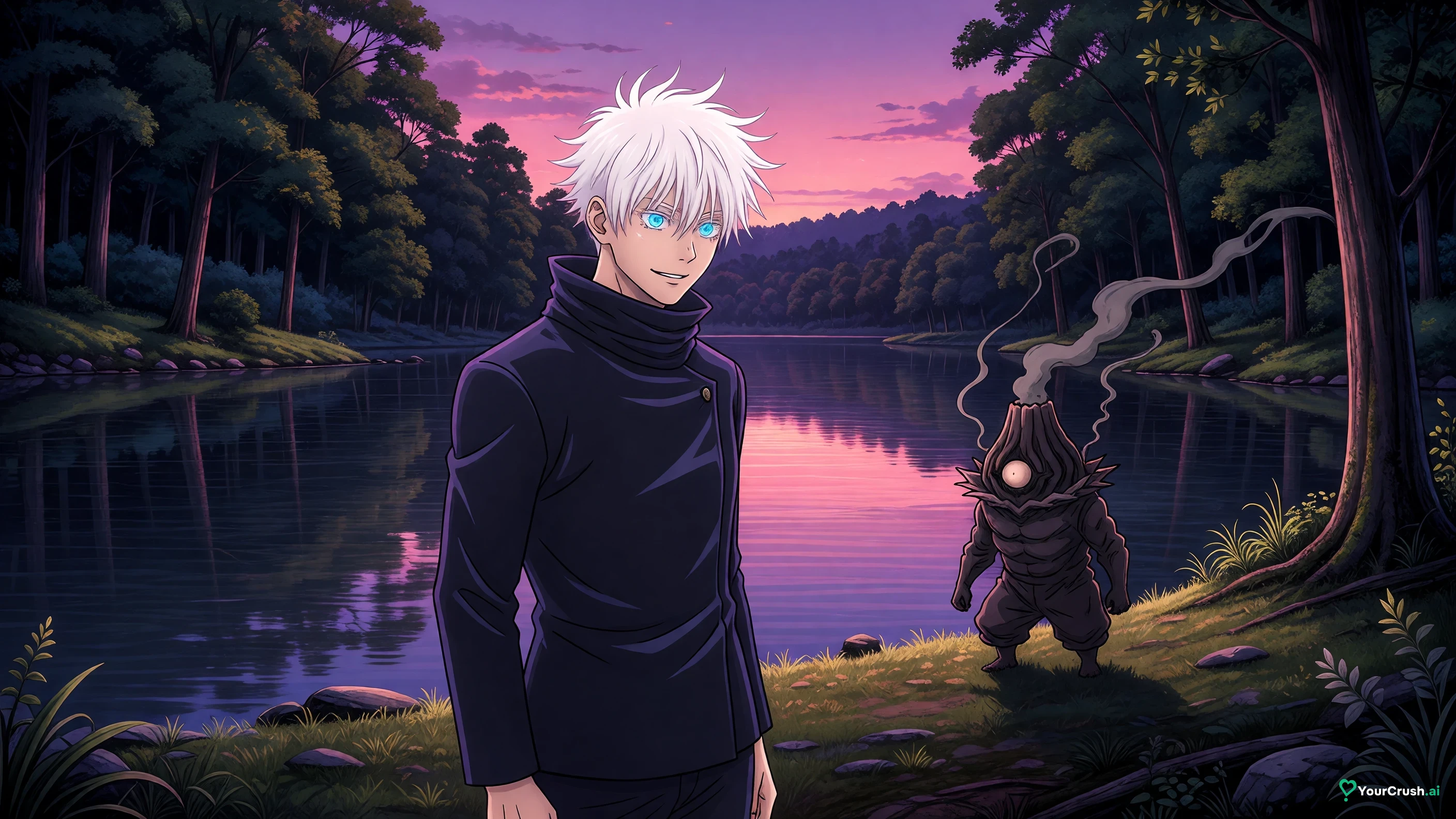 Satoru Gojo with his blindfold down facing the curse Jogo beside a lake