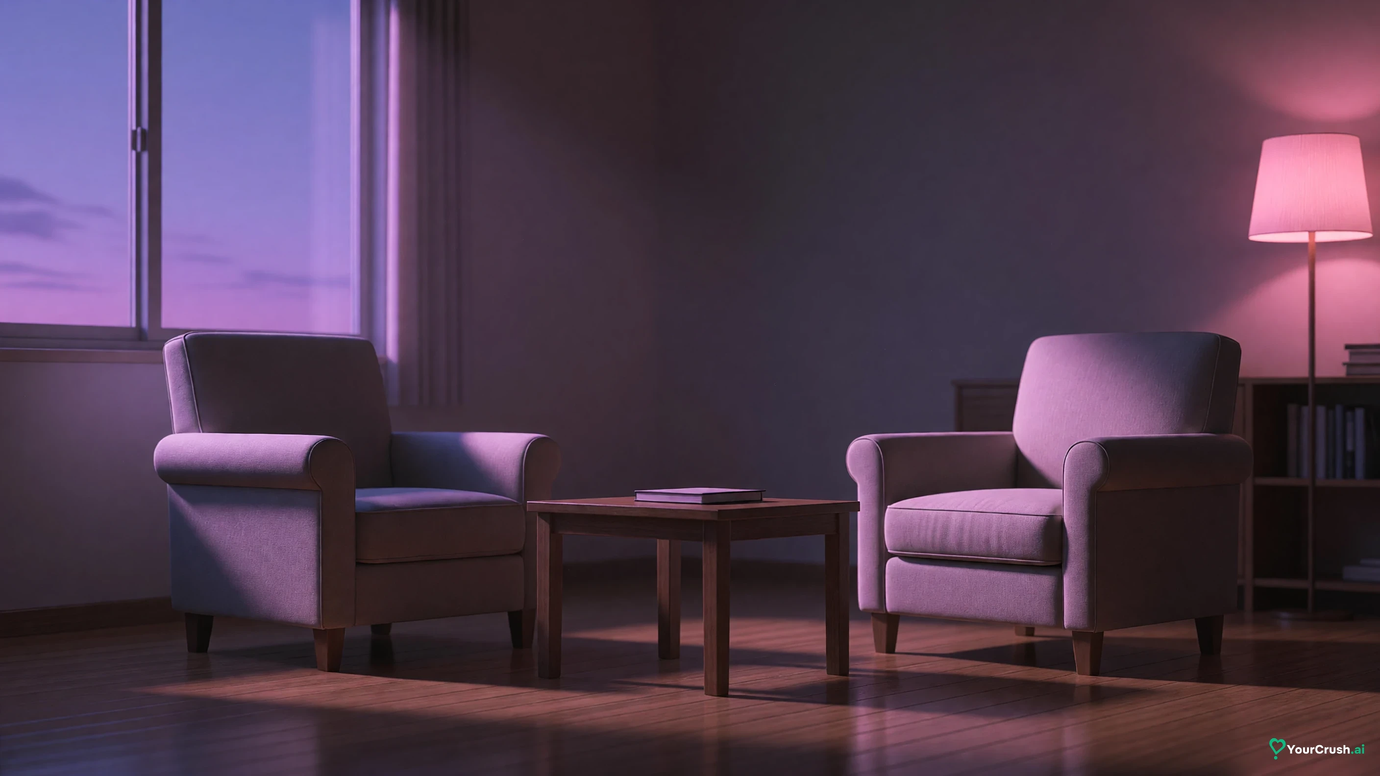 Two empty armchairs facing each other, one in violet light and one in pink light
