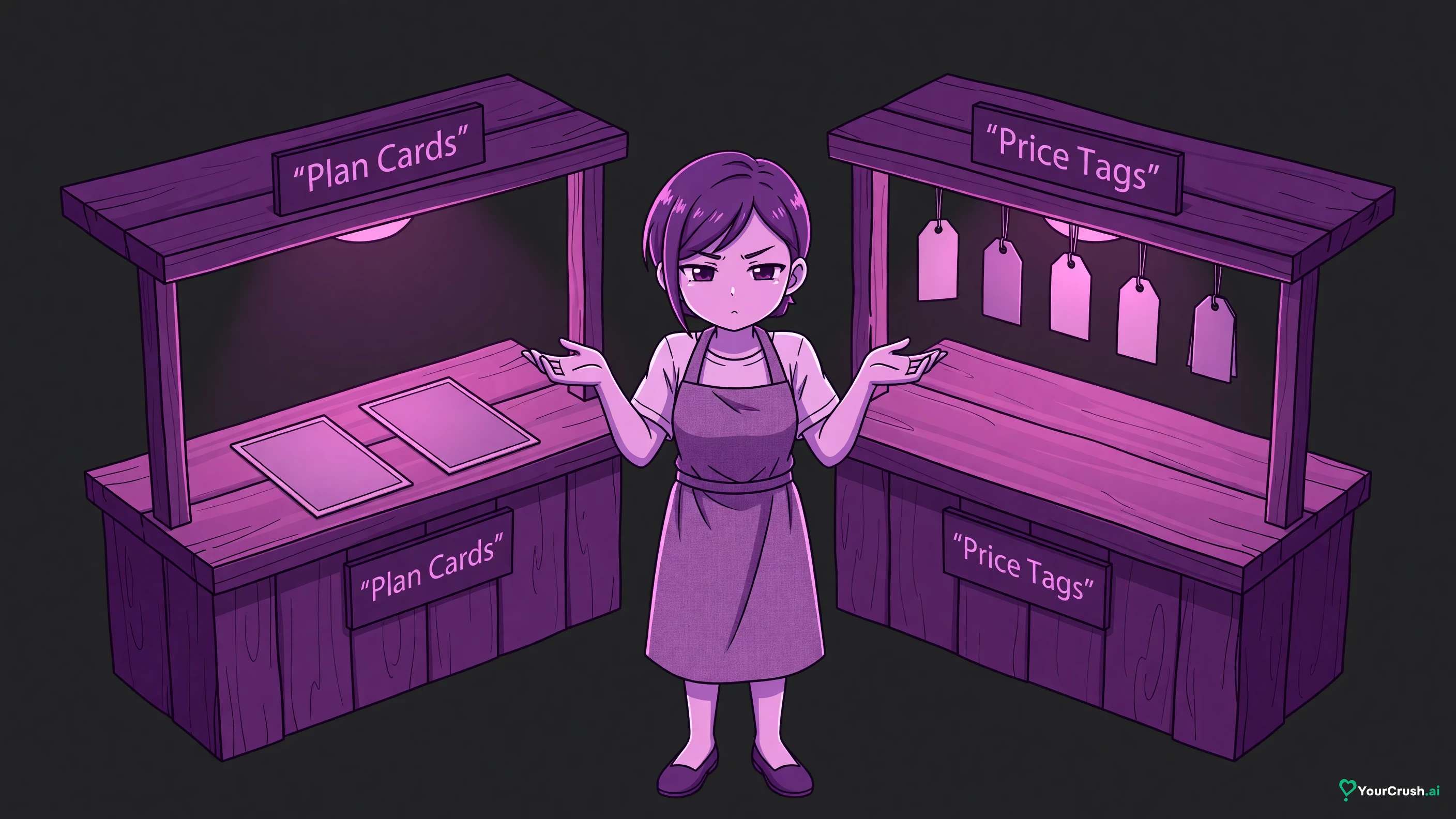 Two shop counters: one with two subscription cards, one with four one-time price tags, an anime clerk between them