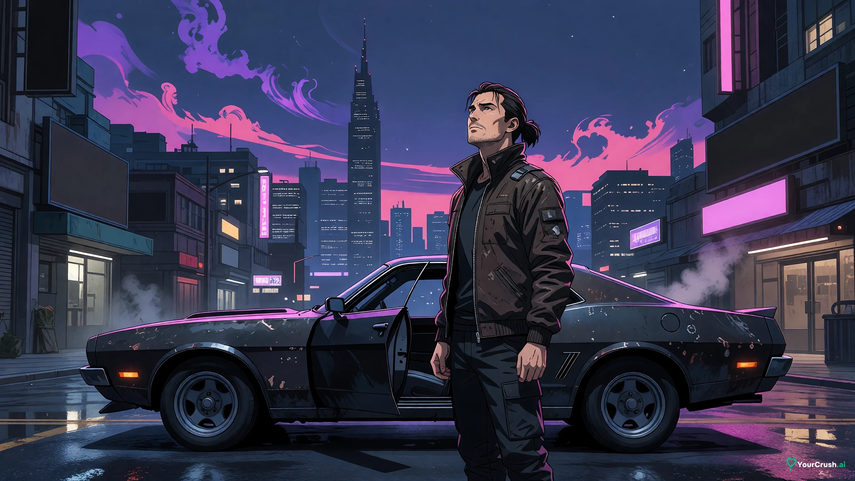 Falco from Cyberpunk Edgerunners standing by his getaway car on a Night City street