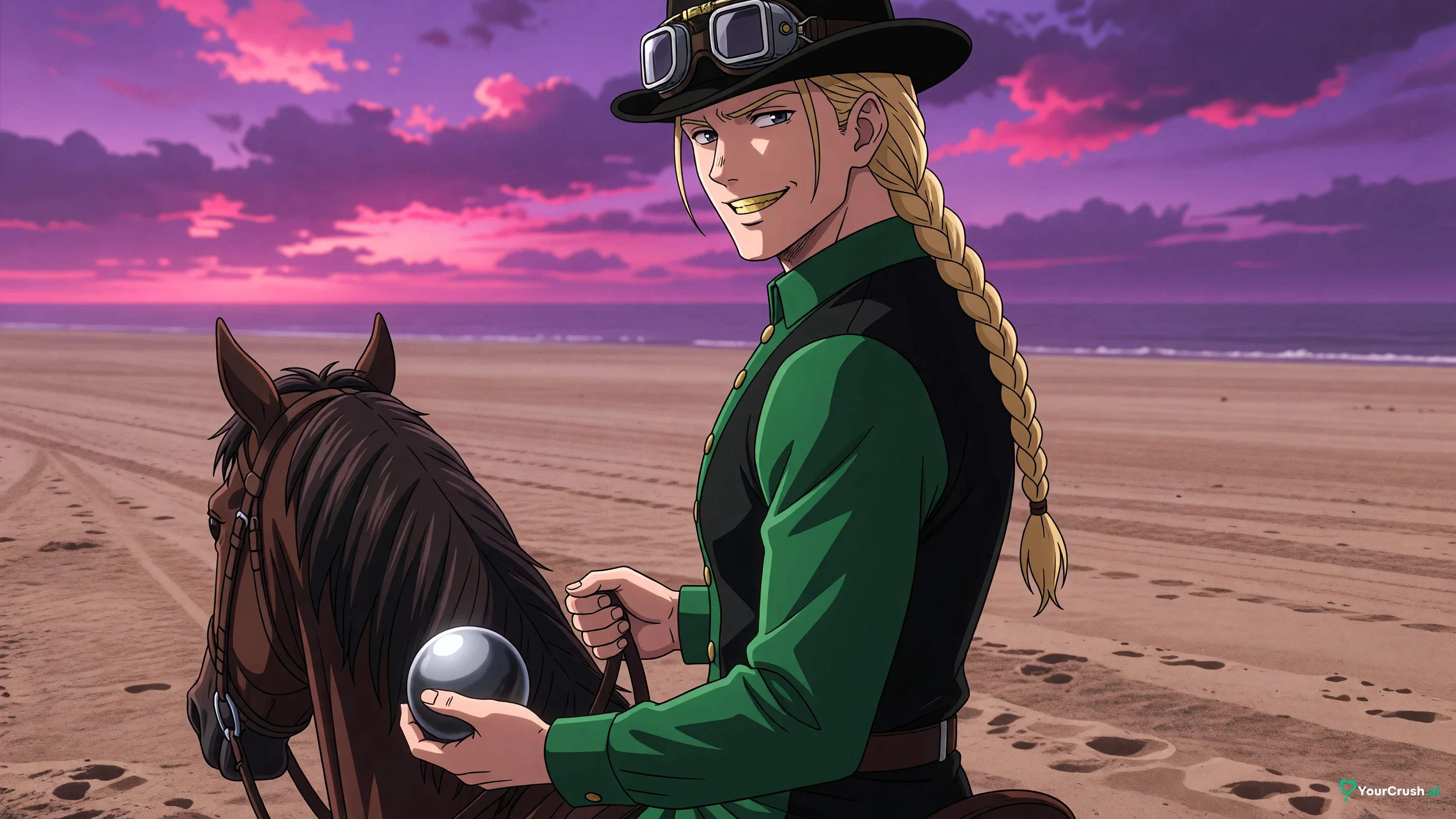 Gyro Zeppeli standing beside his horse Valkyrie at the 1st Stage finish