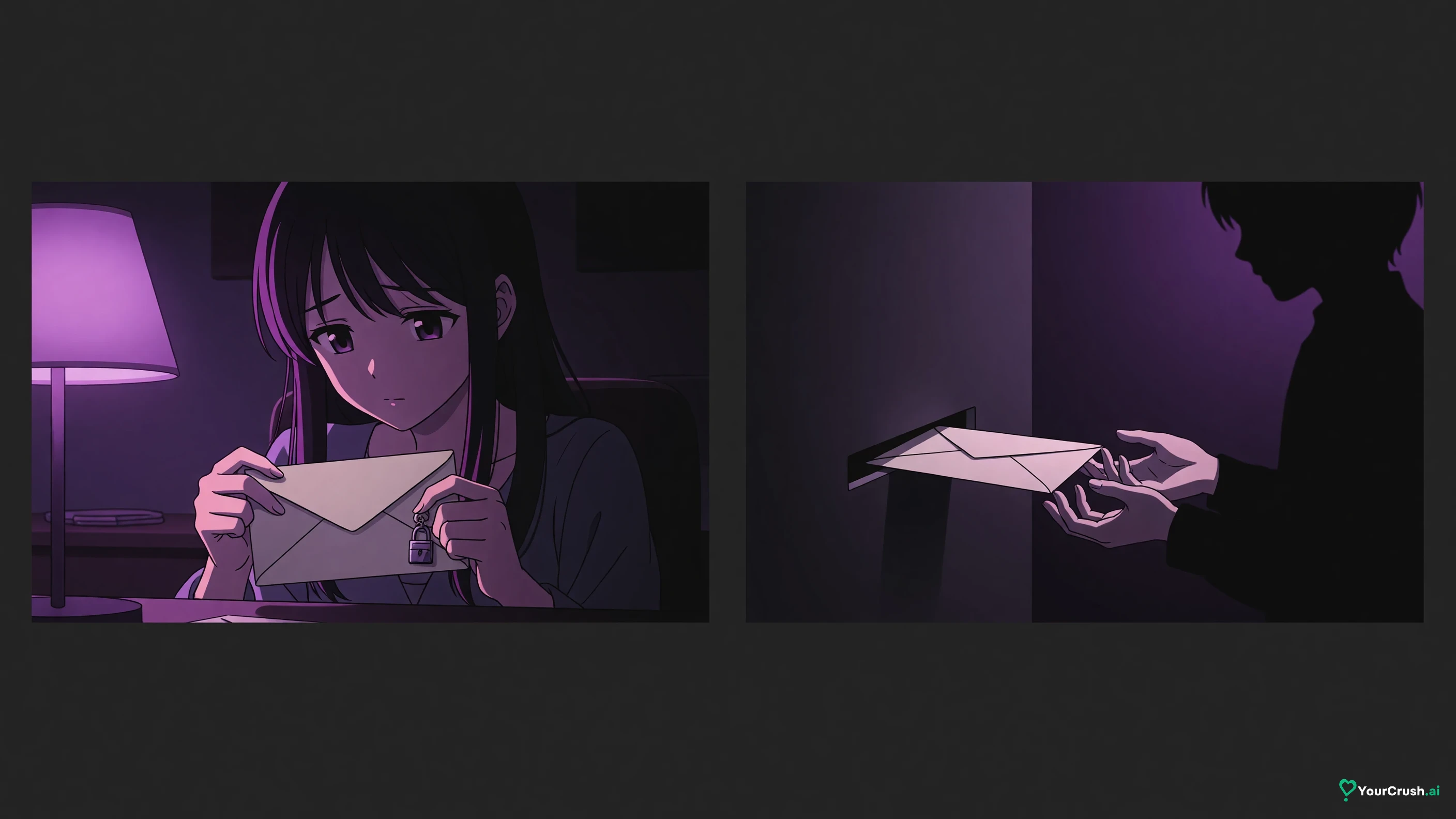 Two panels: a sealed envelope with a lock, and the same envelope passed through a small window to a shadowed figure
