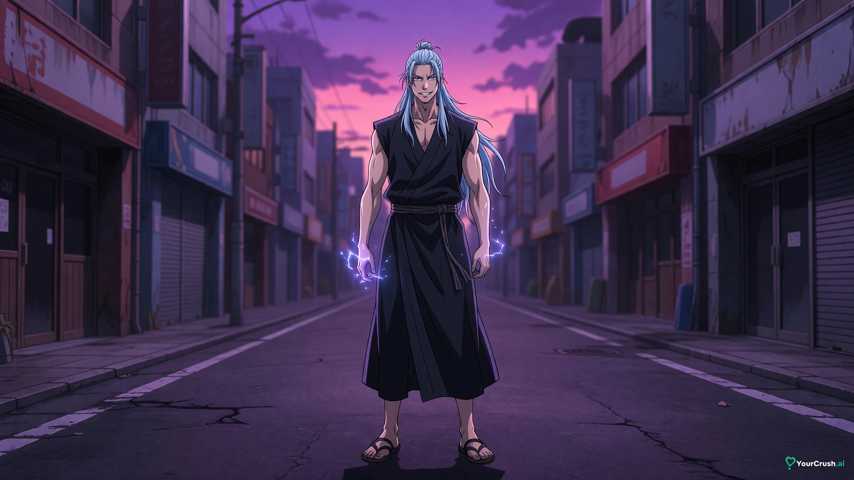 Hajime Kashimo from Jujutsu Kaisen standing on a Tokyo street at night with blue sparks around his hand