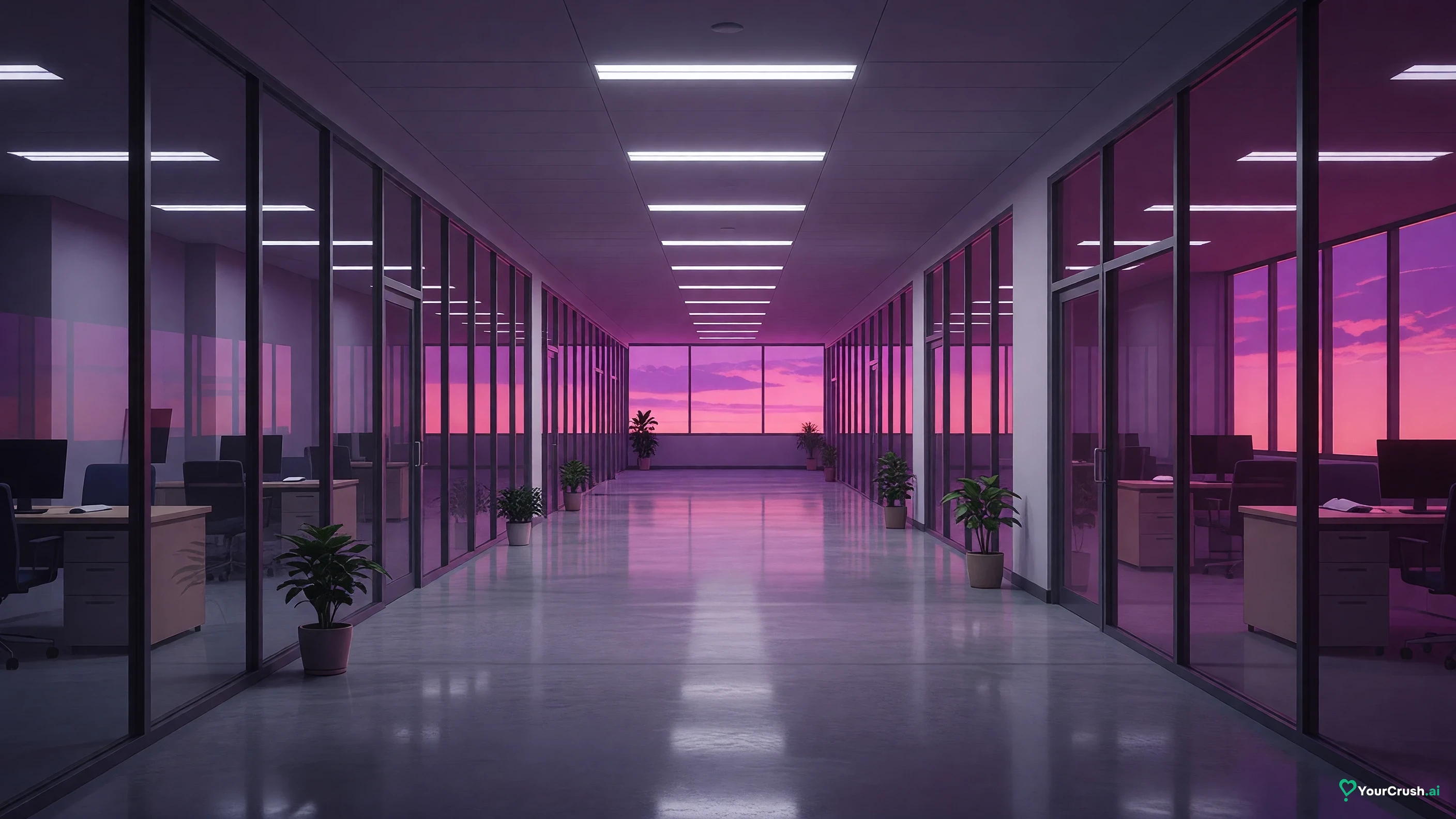 A long empty corridor of dark glass-walled offices at dusk