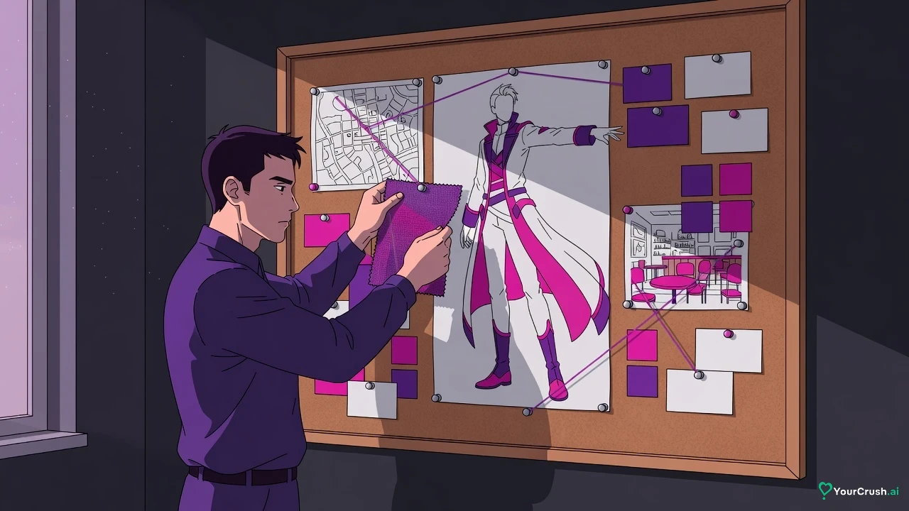 A man pins fabric swatches and blank cards around a full-body character sketch on a corkboard wall