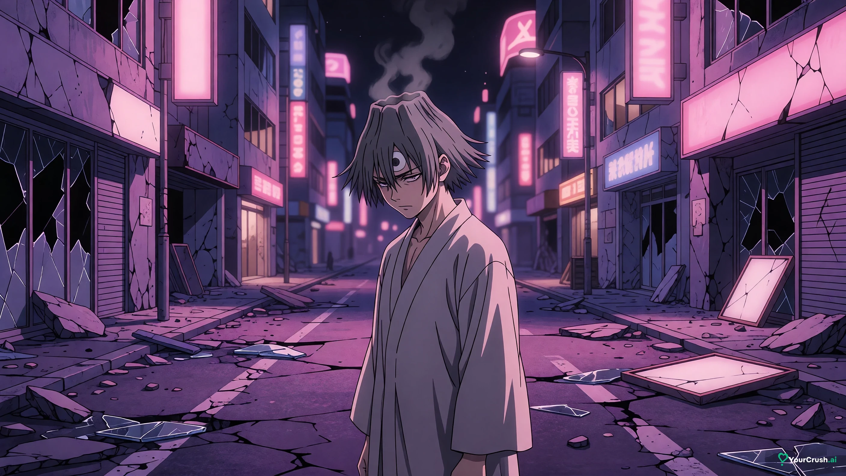 The curse Jogo standing in a ruined Shibuya street at night looking down