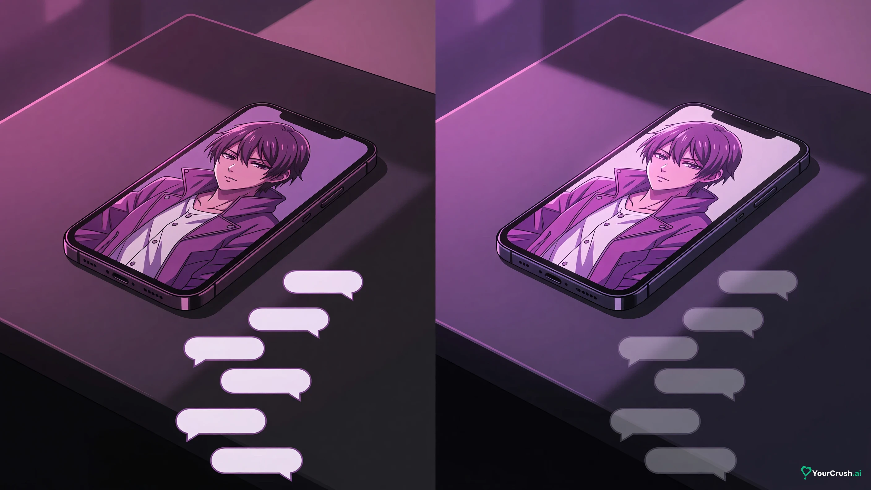 Two panels: a character card with a short thread of chat bubbles, then the same card the next day with the thread mostly faded