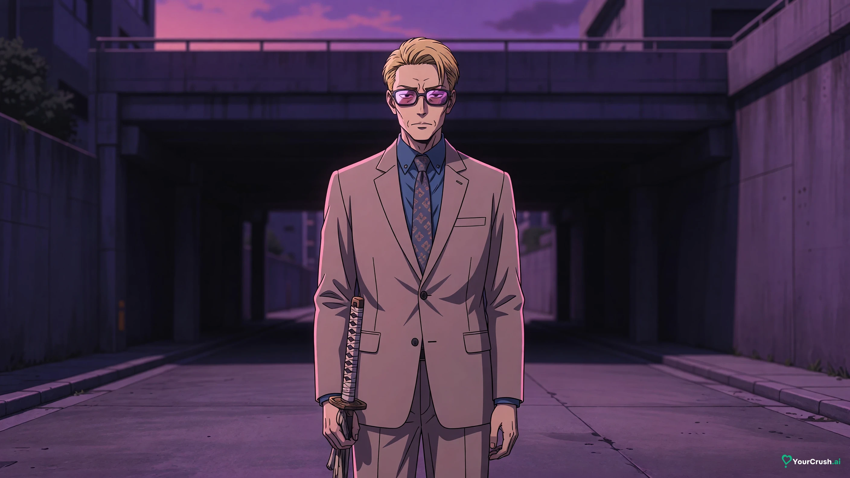 Kento Nanami from Jujutsu Kaisen standing in a city underpass at night holding a wrapped blade