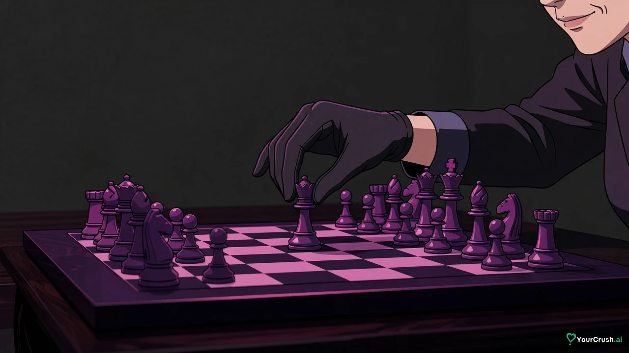 A gloved hand moves a piece on a mid-game chessboard lit by a single lamp