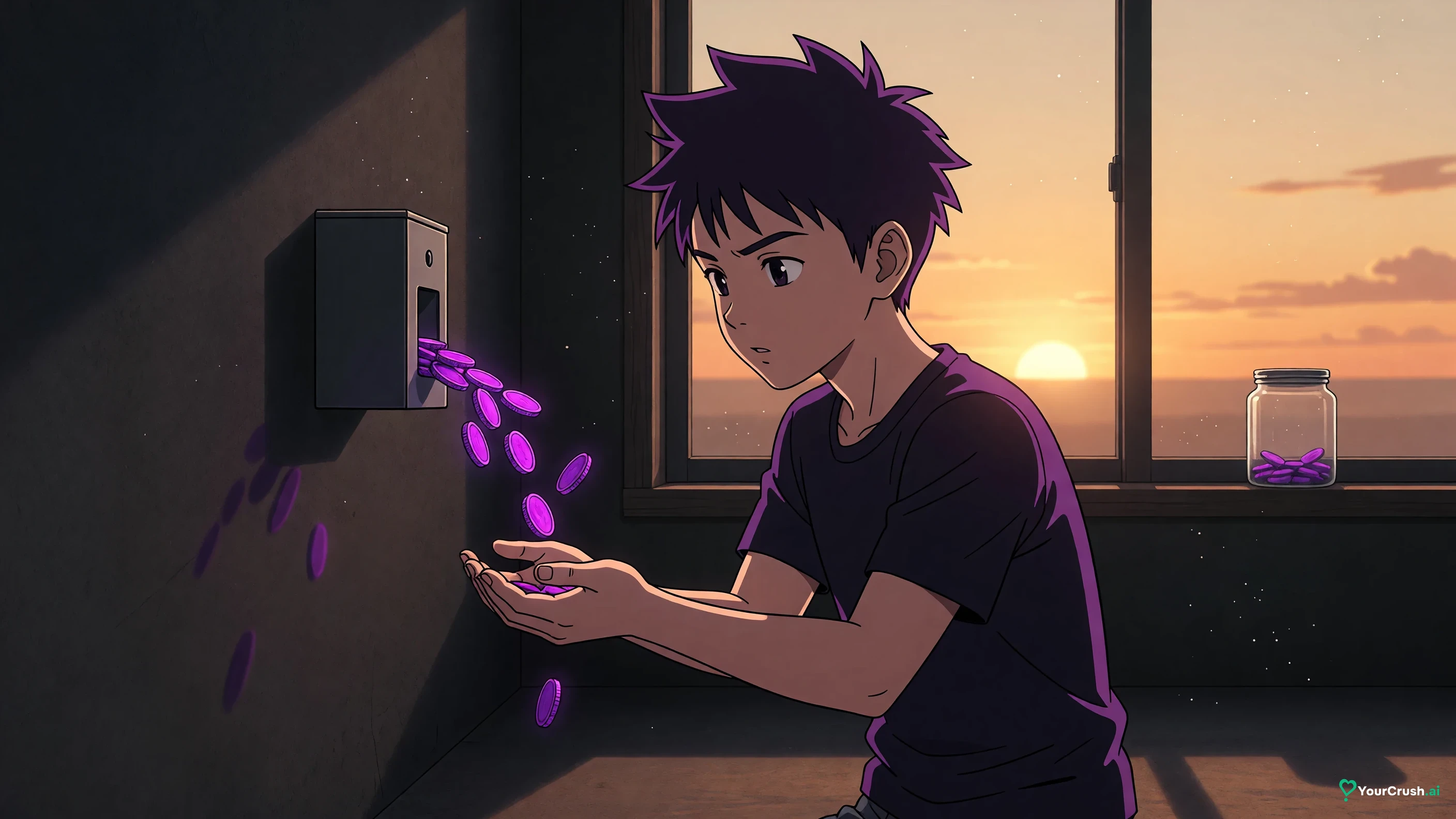 Anime character receiving a small daily handful of coins from a dispenser that resets each morning