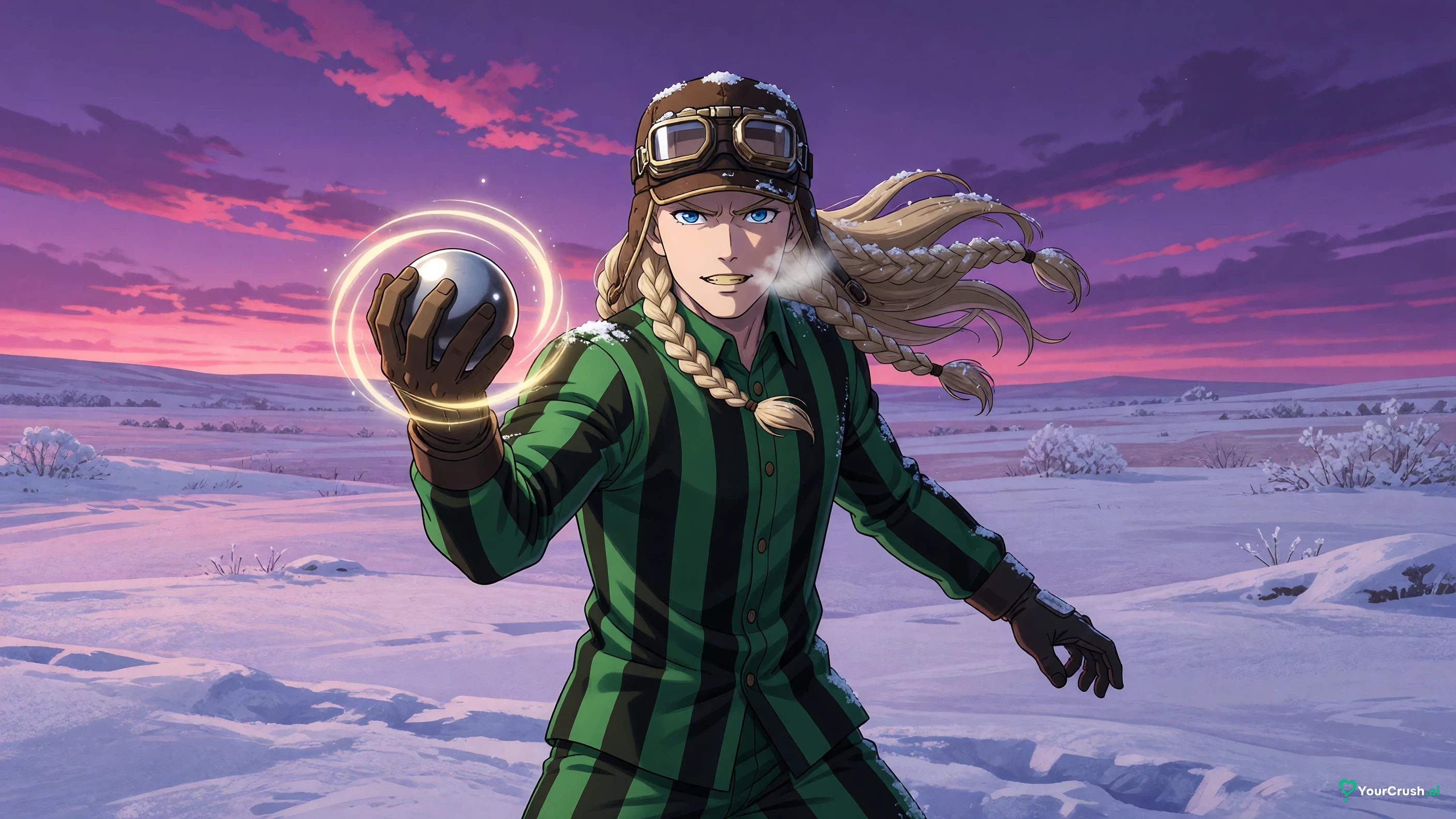 Gyro Zeppeli holding a steel ball at eye level before his last throw