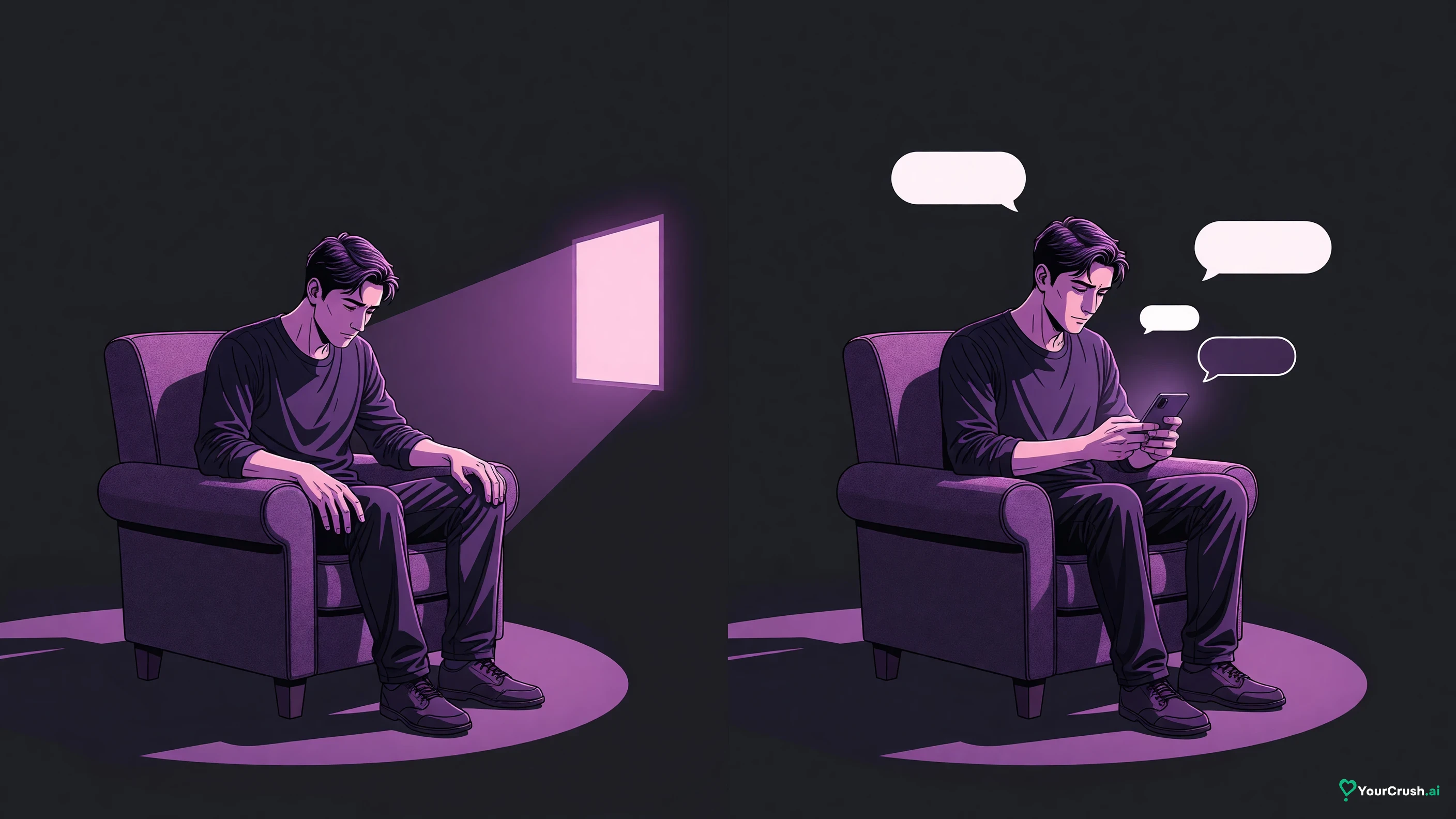 Two panels: a man lit by a one-way beam from a screen, then the same man with a phone and chat bubbles going both ways