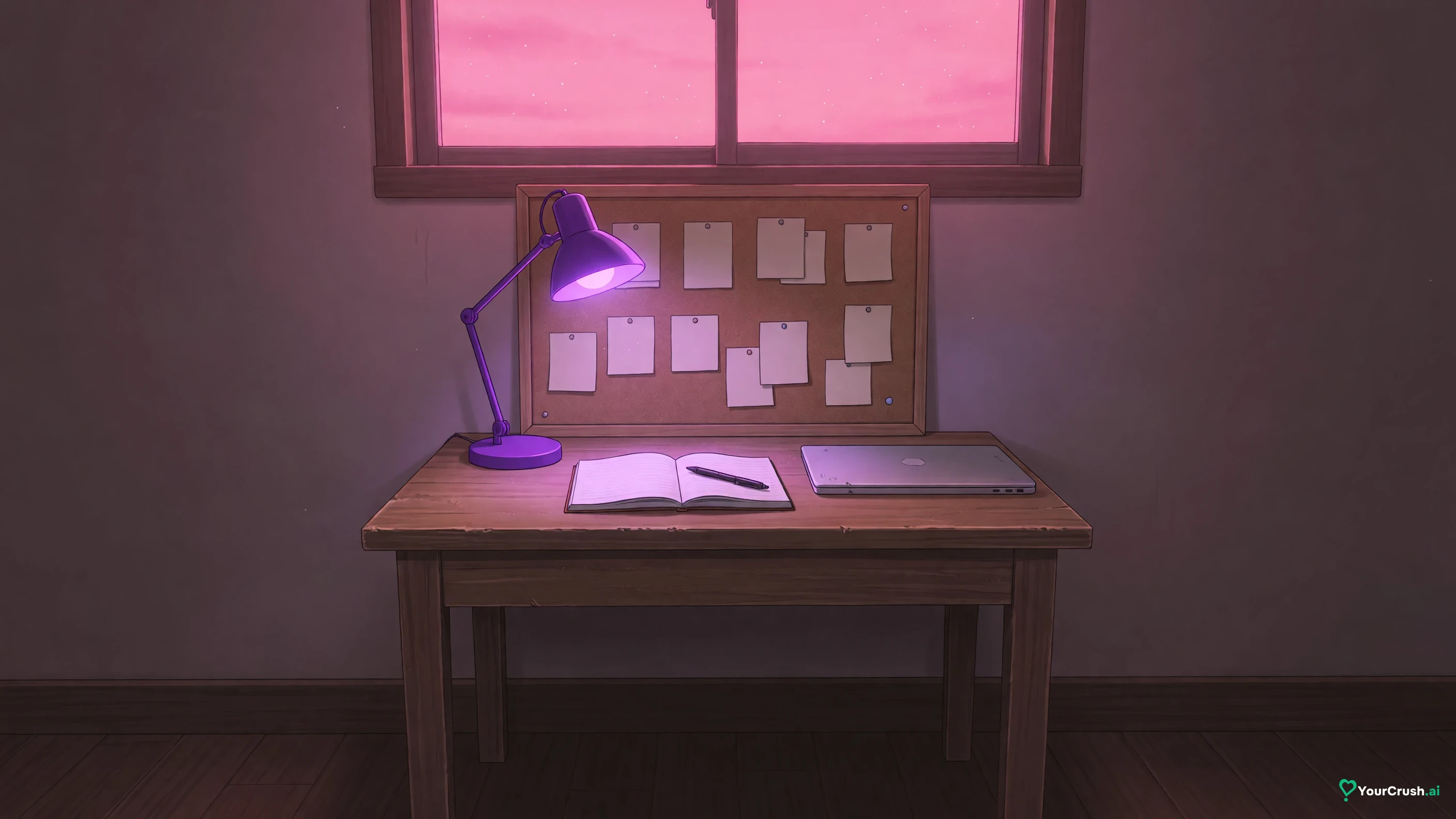 A desk under a violet lamp with blank notes pinned to a corkboard above an open notebook