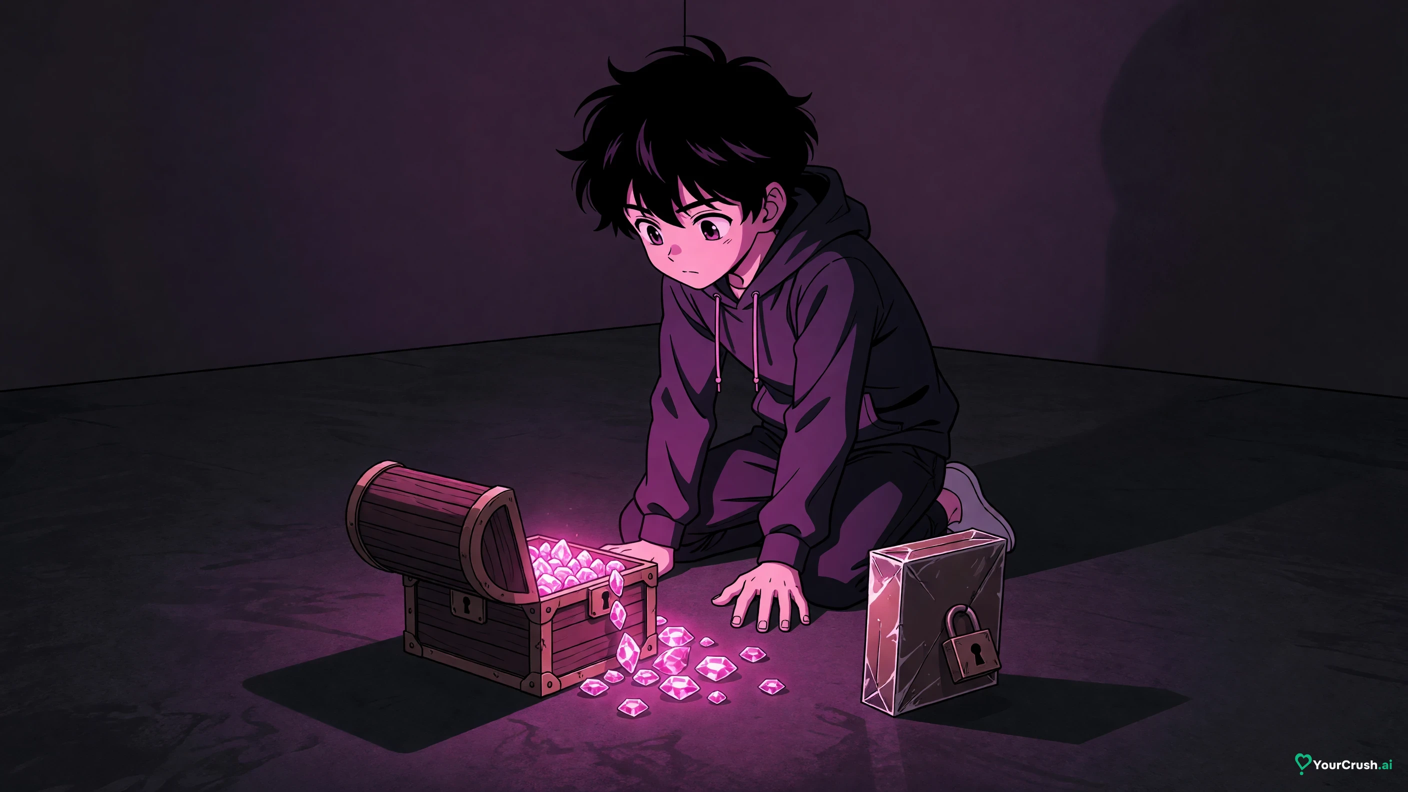 Anime character opening a small treasure chest that spills gems next to a locked card pack