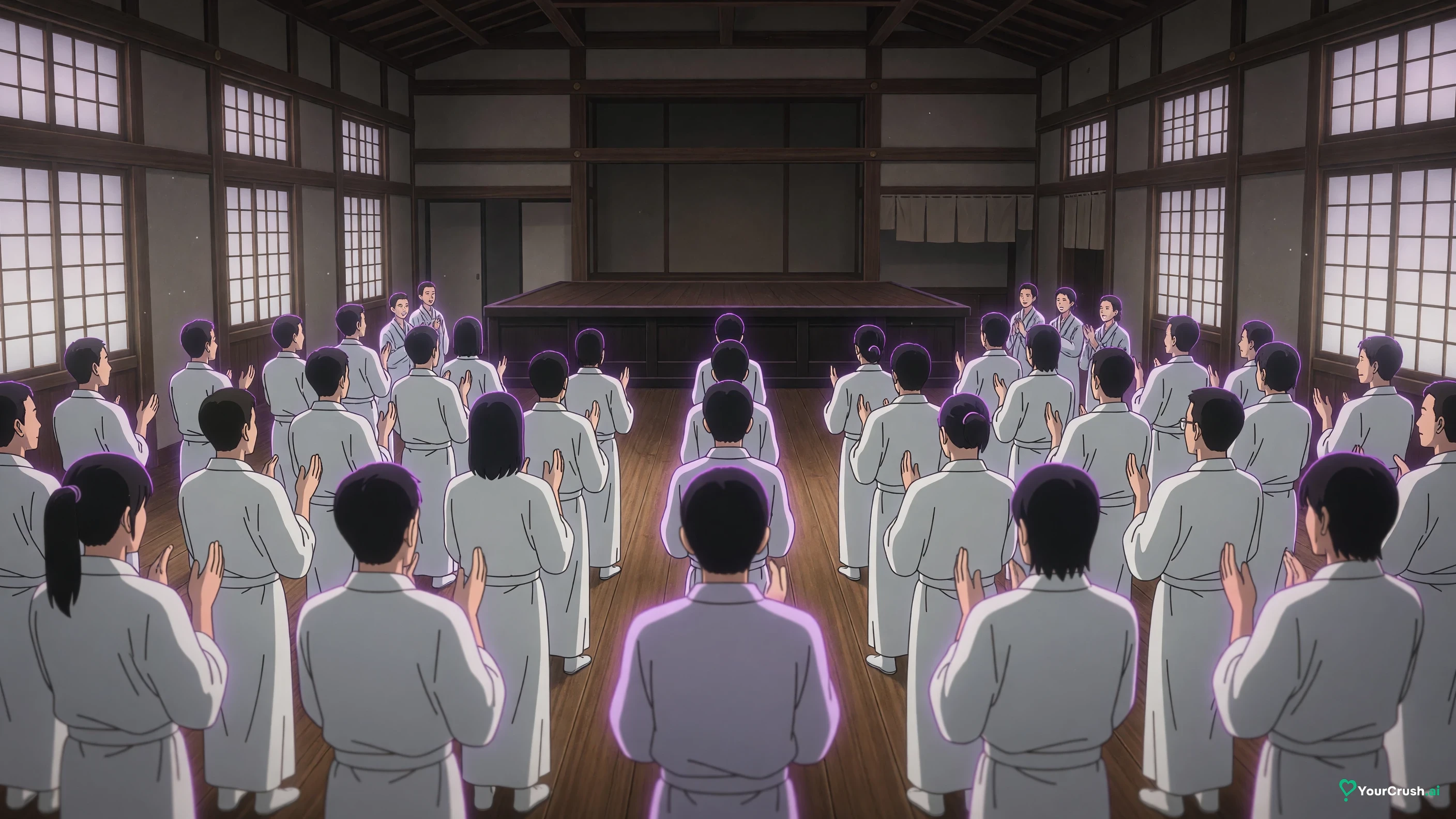 Adult believers in white robes clapping in a meeting hall, the Time Vessel Association compound
