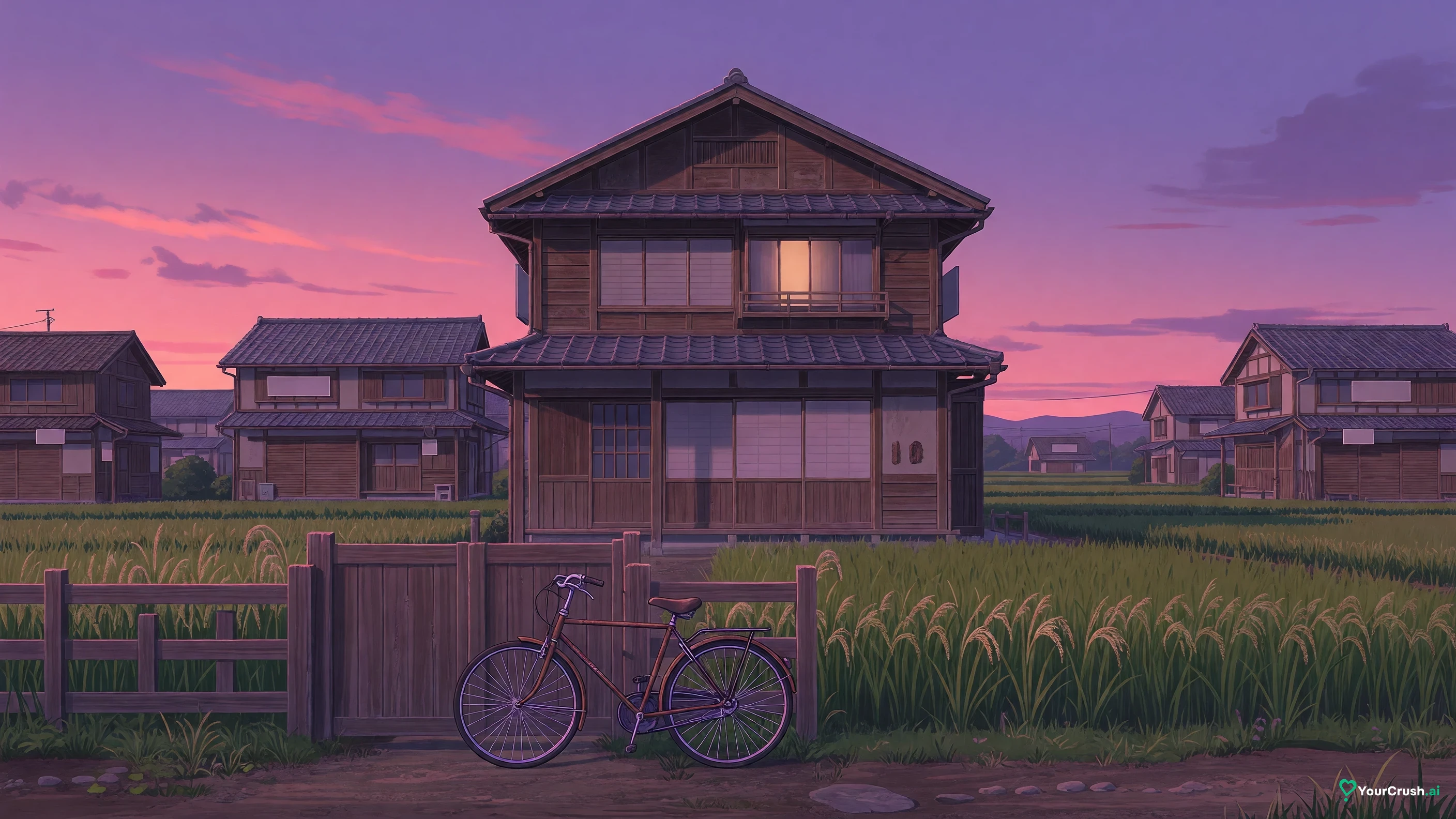 An old wooden family house in a Japanese country town at dusk, the kind of home the Itadori family line kept