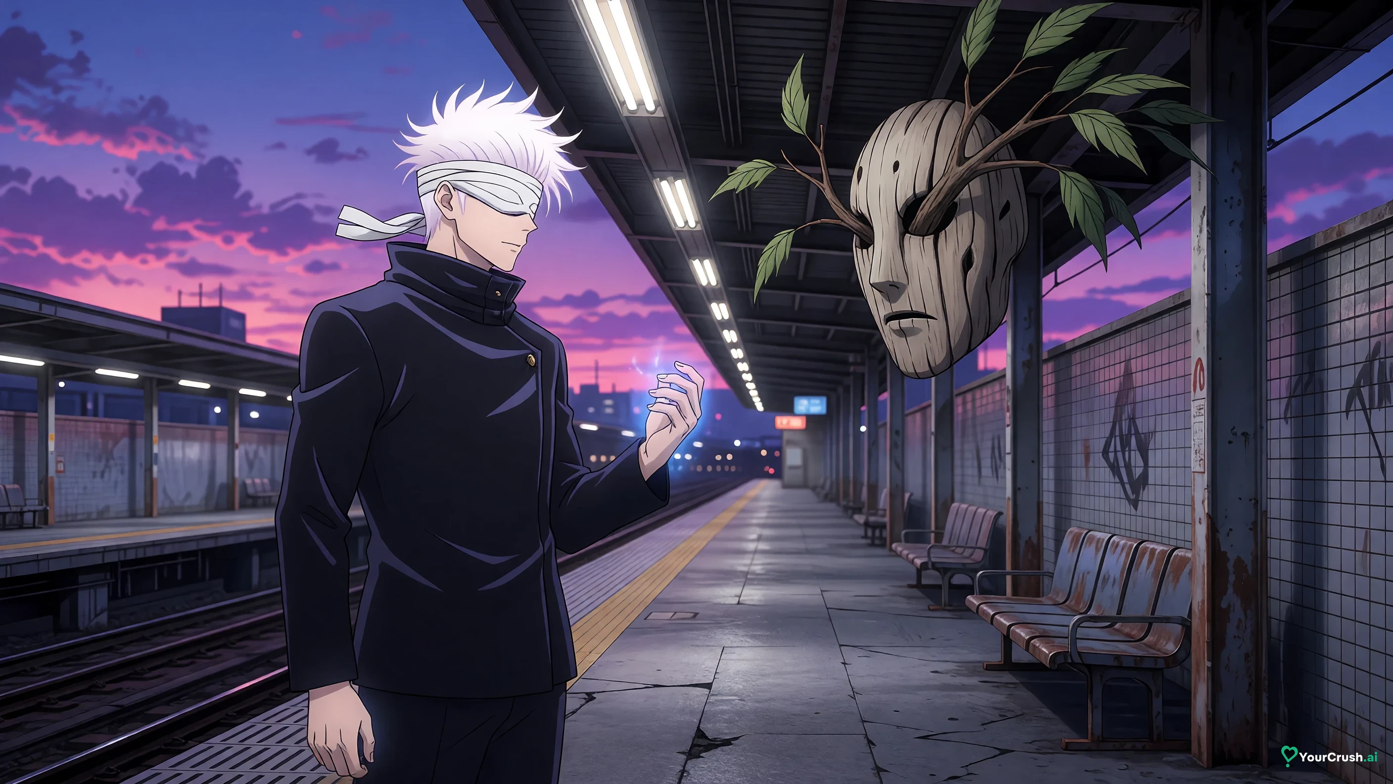 Satoru Gojo facing the curse Hanami on a Shibuya subway platform