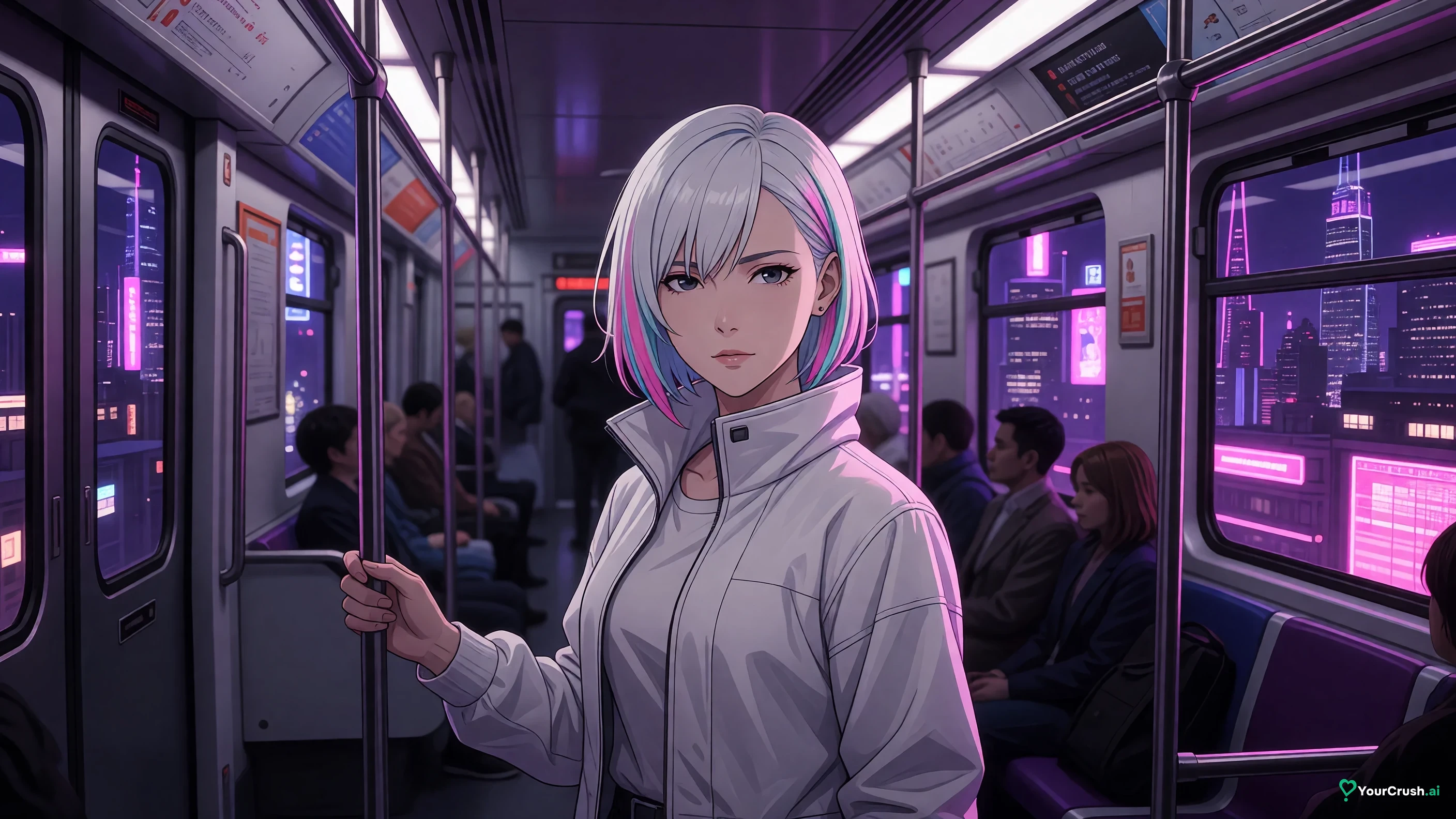 Lucy from Cyberpunk Edgerunners standing in a Night City metro carriage at night