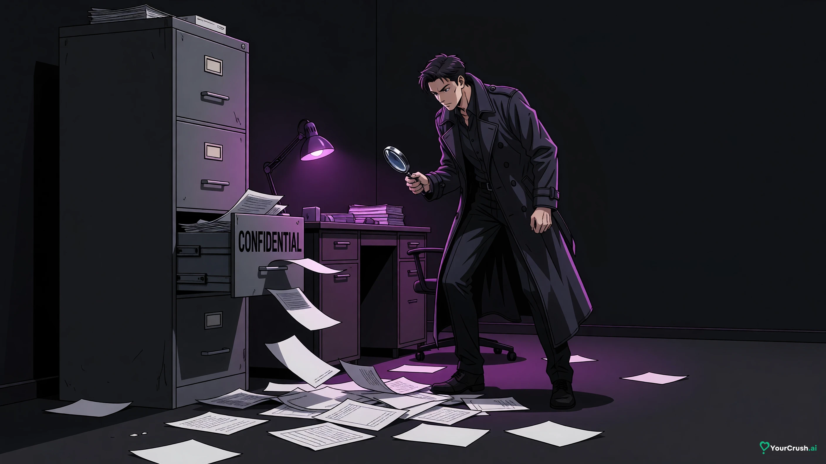 A filing cabinet with one drawer pulled open and papers spilling, an anime investigator holding a magnifying glass