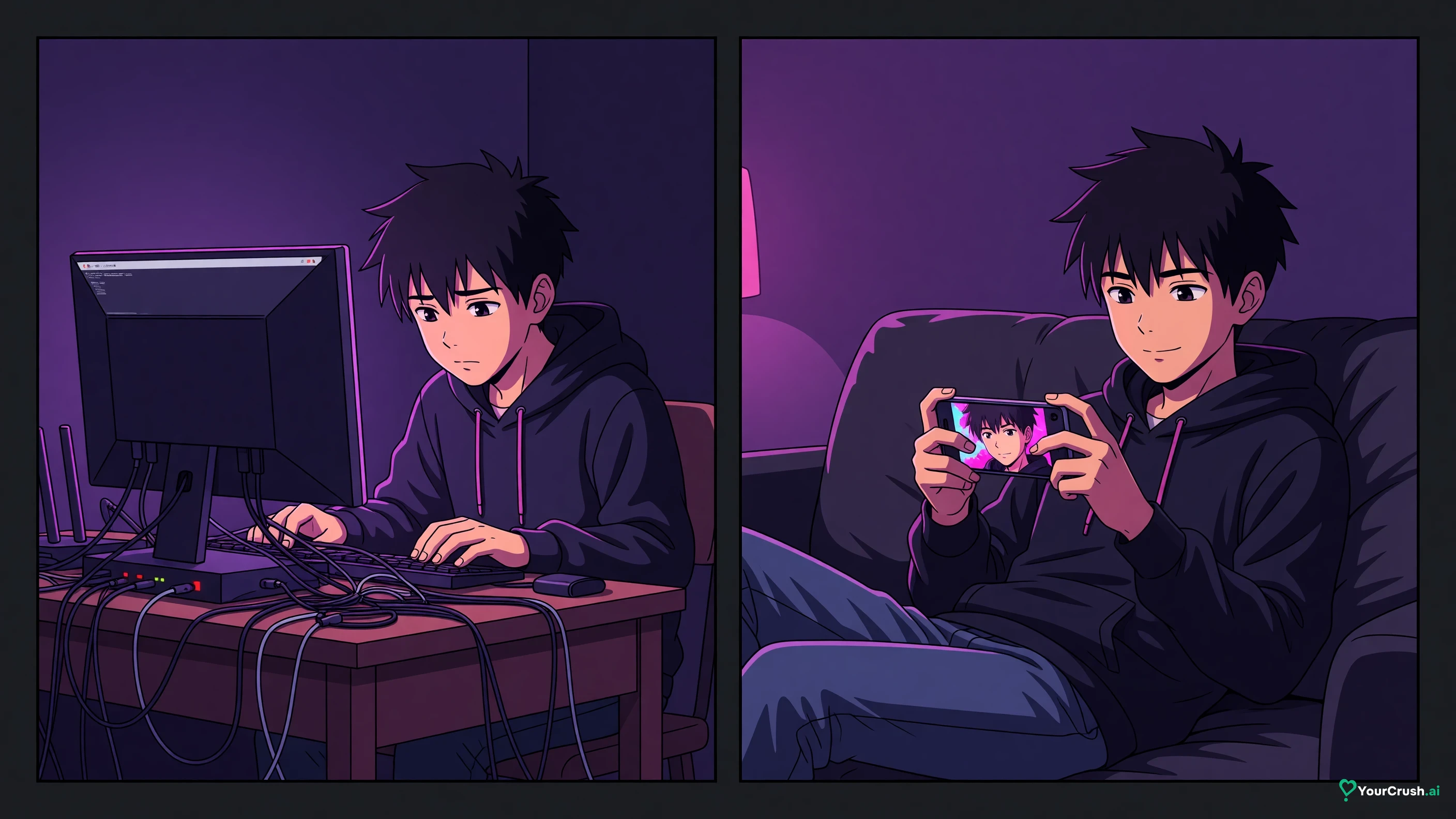 Two panels: a desk buried in cables, a terminal and a router, versus a single phone on a clean table