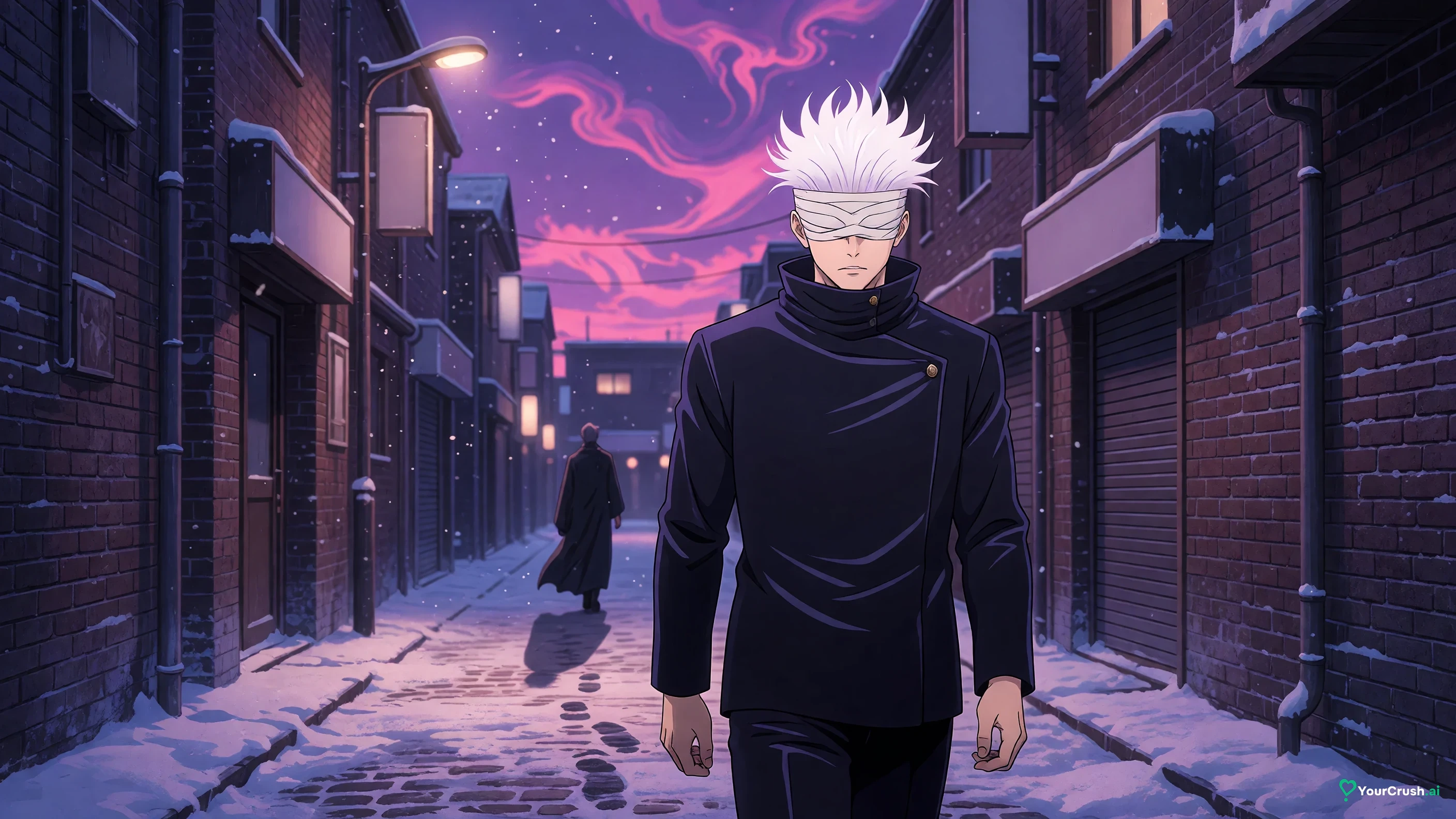 Satoru Gojo walking down a snowy Tokyo alley toward Suguru Geto on Christmas Eve