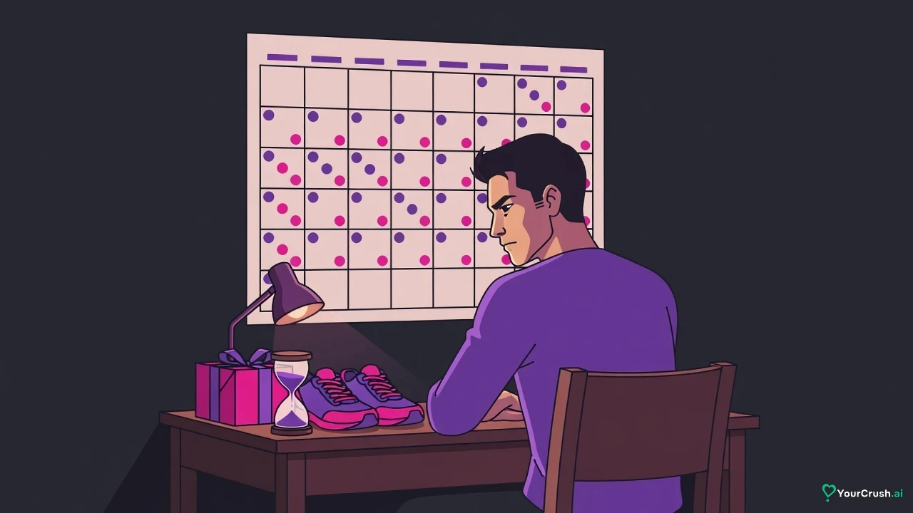 A man plans at a desk beneath a wall calendar of blank squares with coloured dots and a small hourglass
