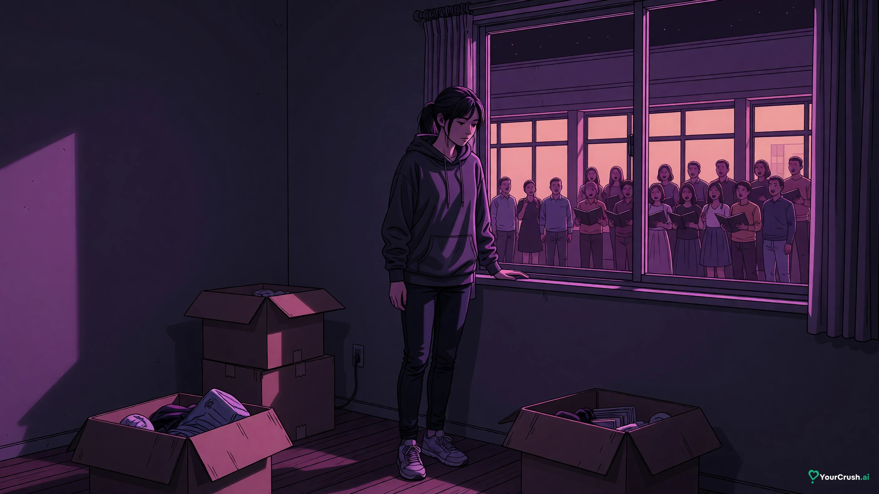 A person among moving boxes looking out a window at a lit community hall across the street
