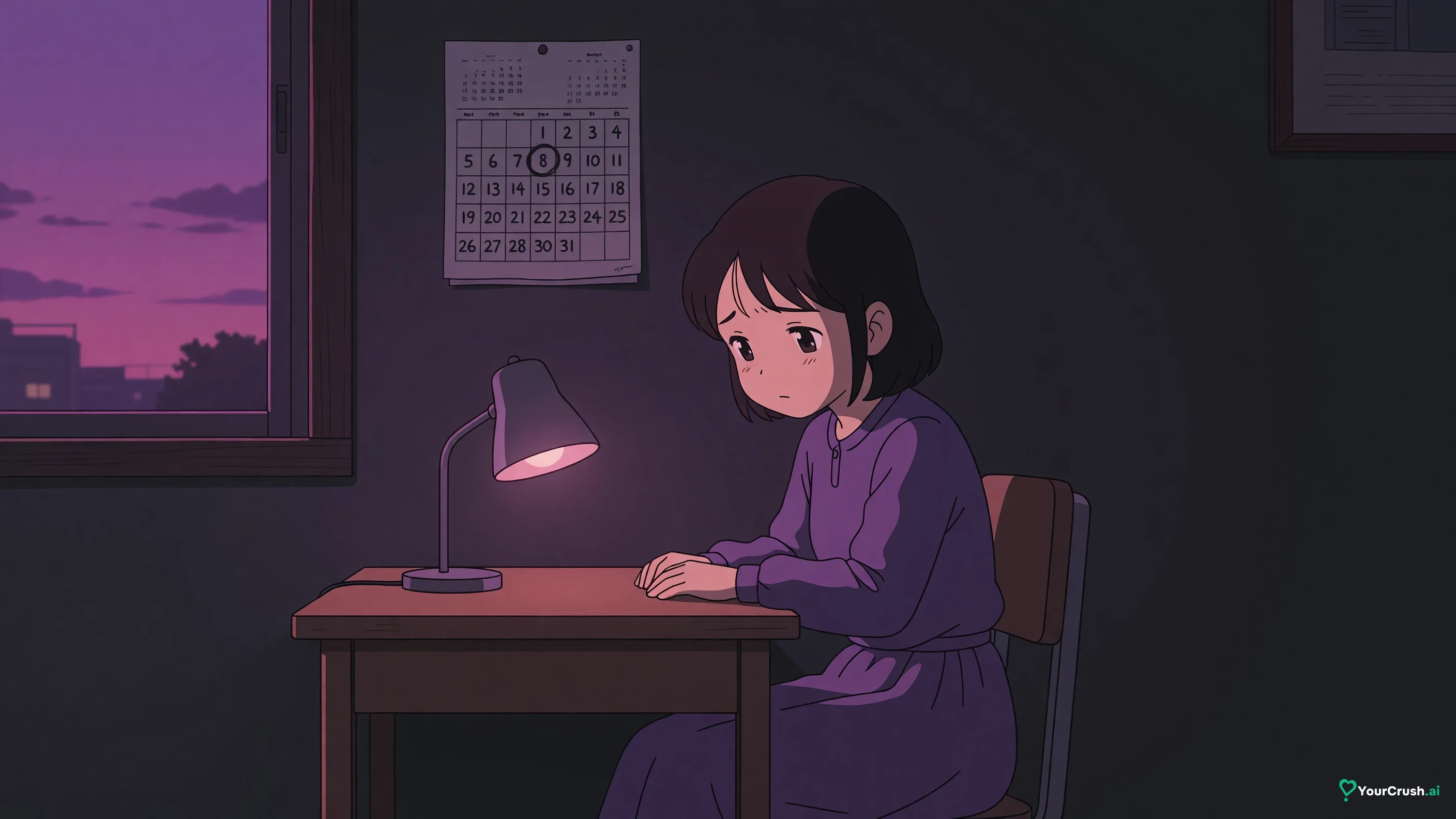 Anime character watching a small lamp flicker out on a calendar page turned to October