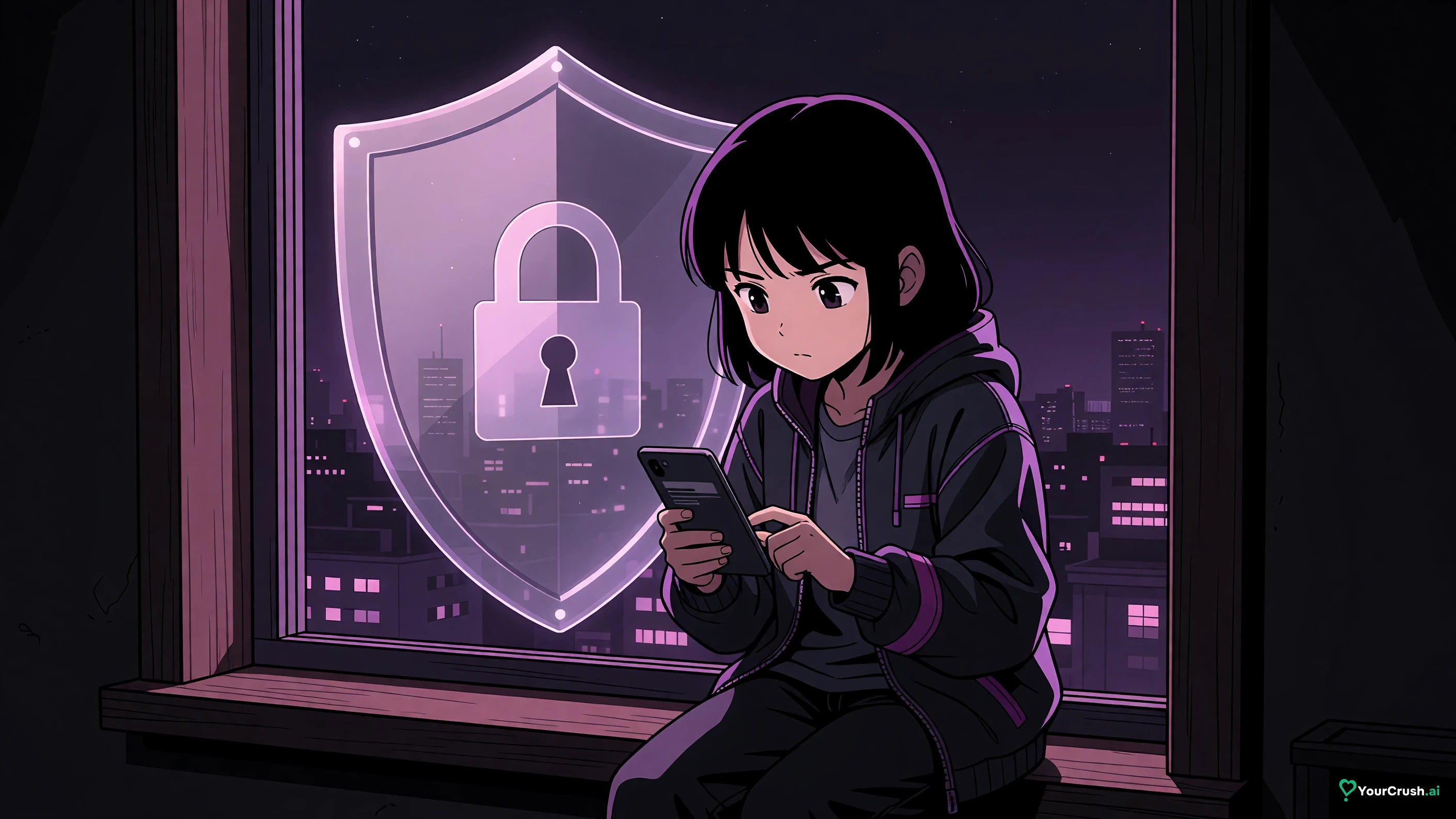 Anime girl typing her birthdate into a phone while a large shield with a padlock hovers beside her