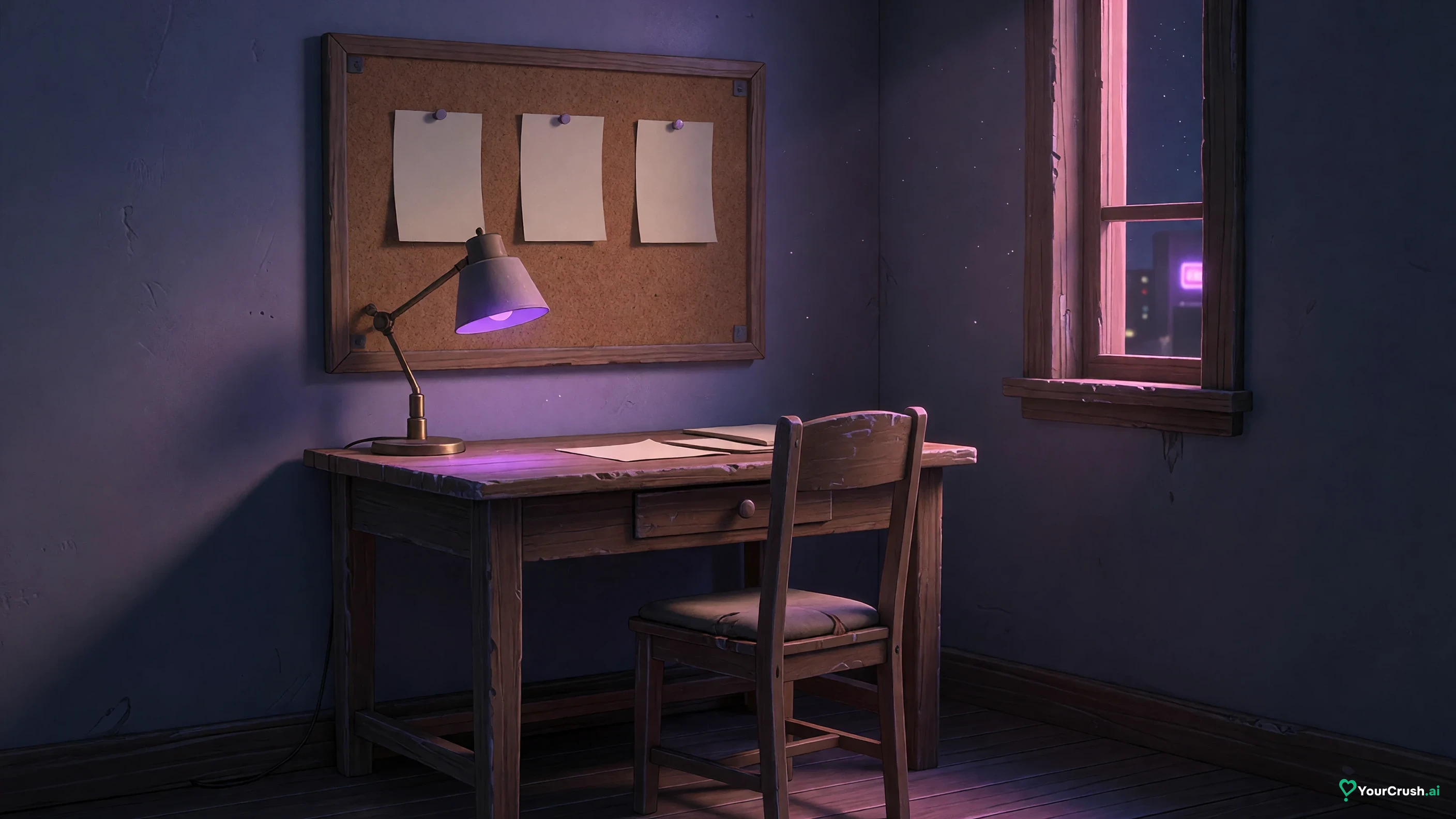 Blank cards pinned to a corkboard above a desk in violet lamplight
