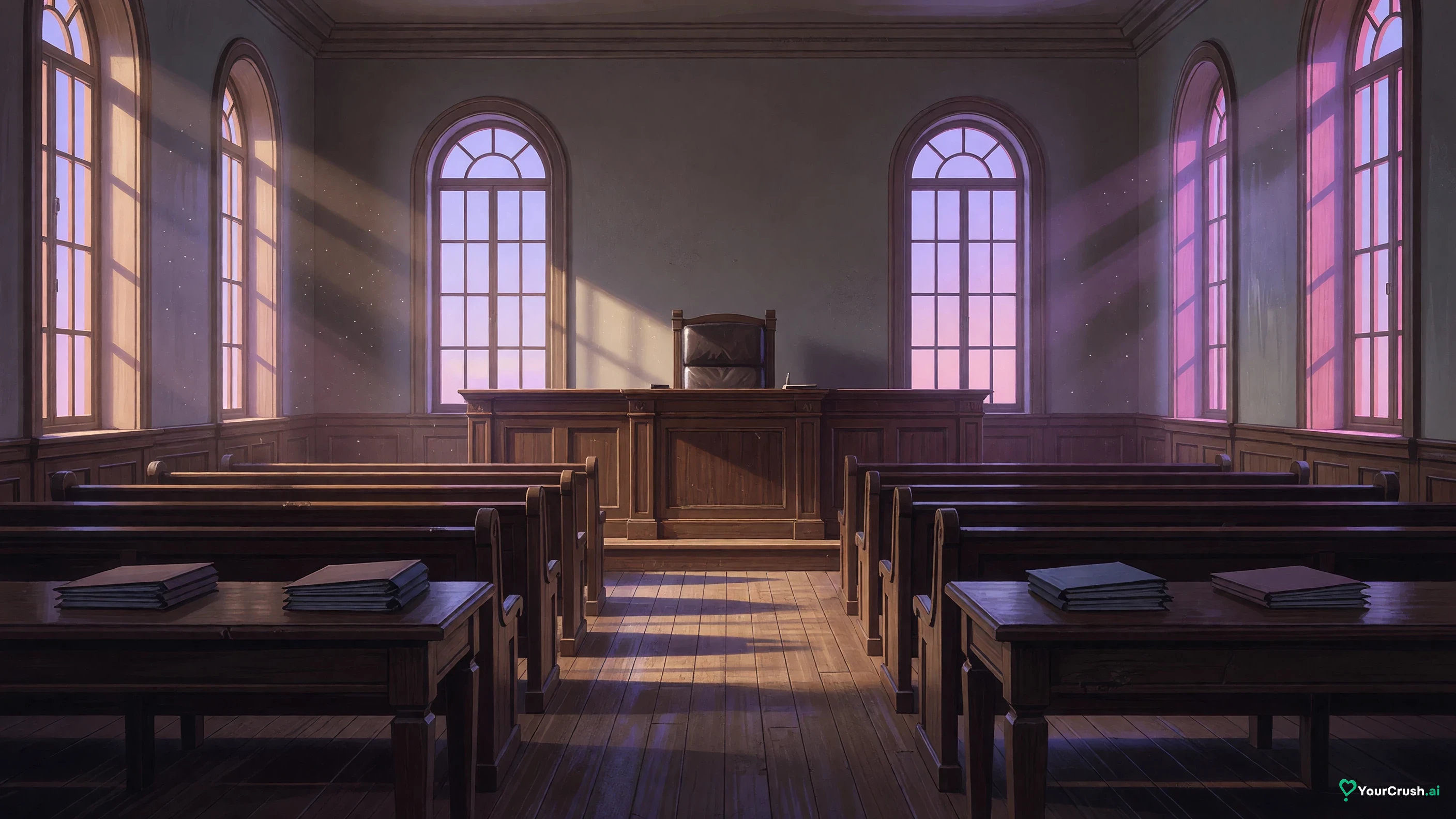 An empty courtroom with wooden benches and an empty judge's bench in morning light