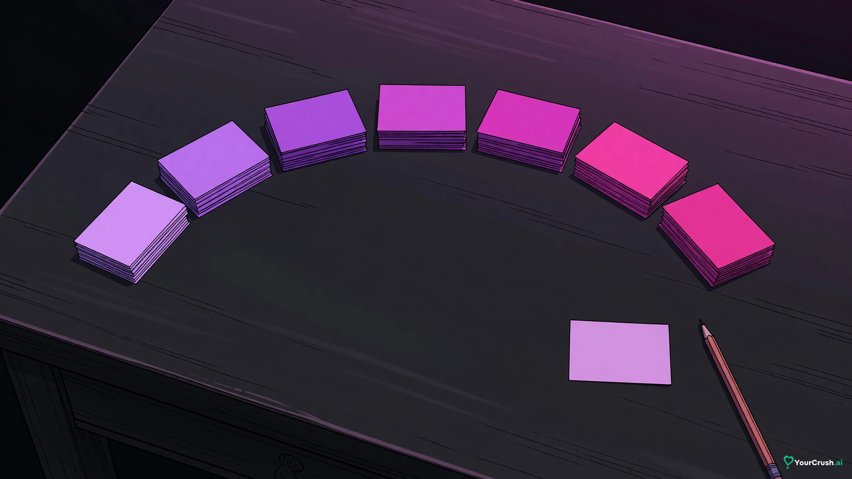 Seven small stacks of index cards on a wooden desk, each stack a different tint