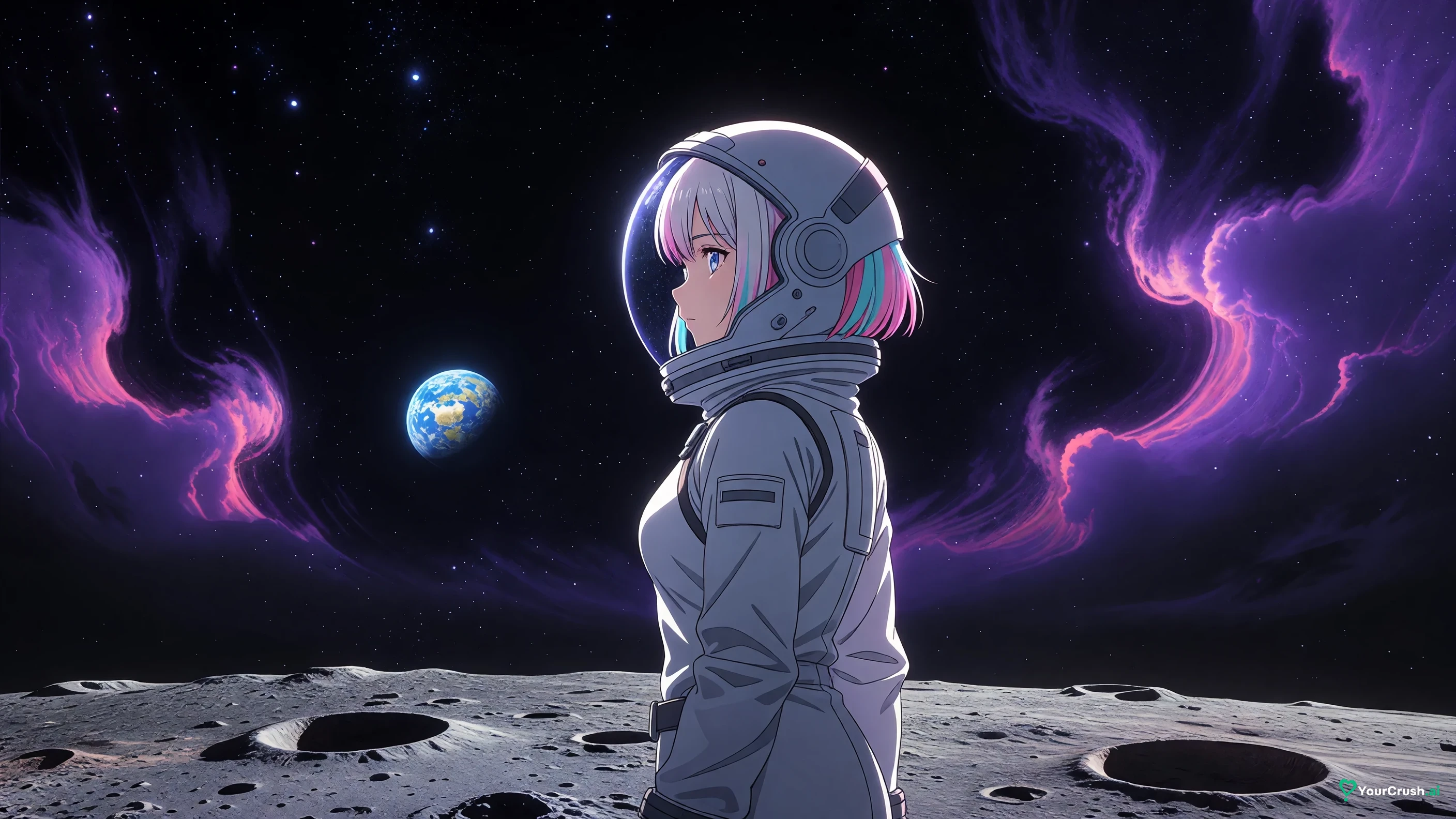 Lucy from Cyberpunk Edgerunners standing alone on the Moon with Earth in the sky