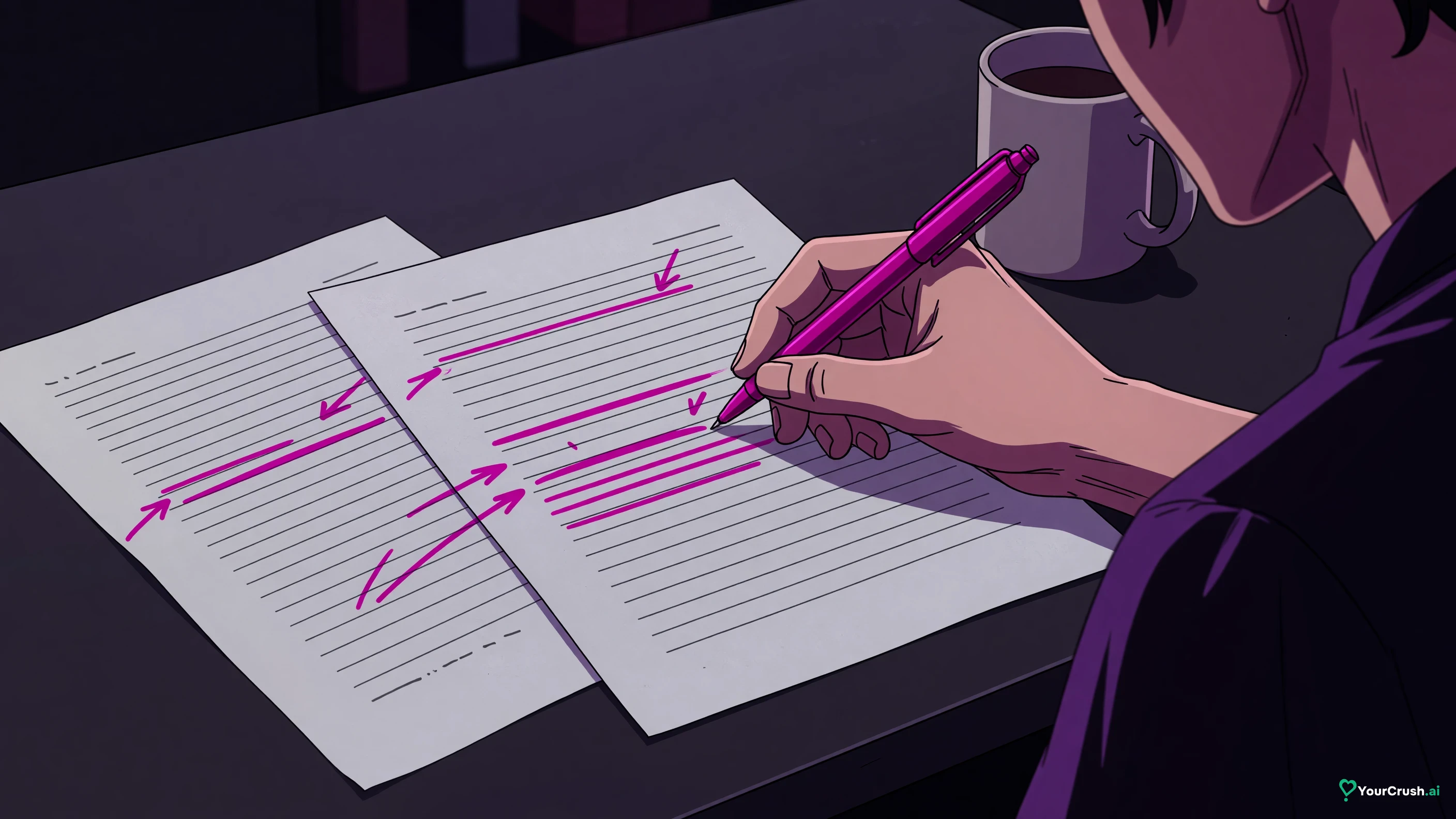 Hands with a pen heavily marking up a printed page, arrows and crossings over the lines