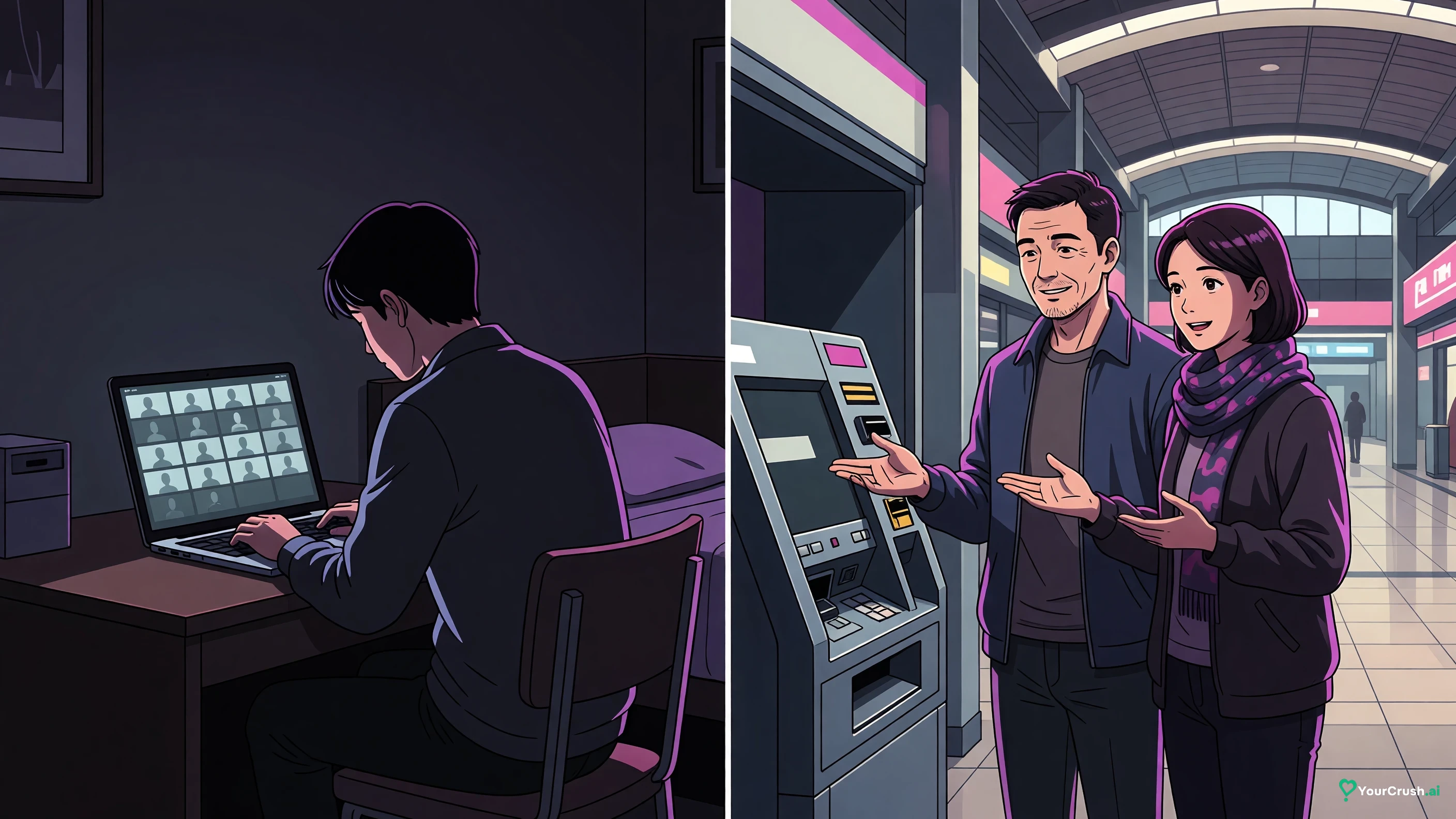 Two panels: a laptop showing a grid of blank video tiles in a dark room, then two people chatting at a stalled ticket machine