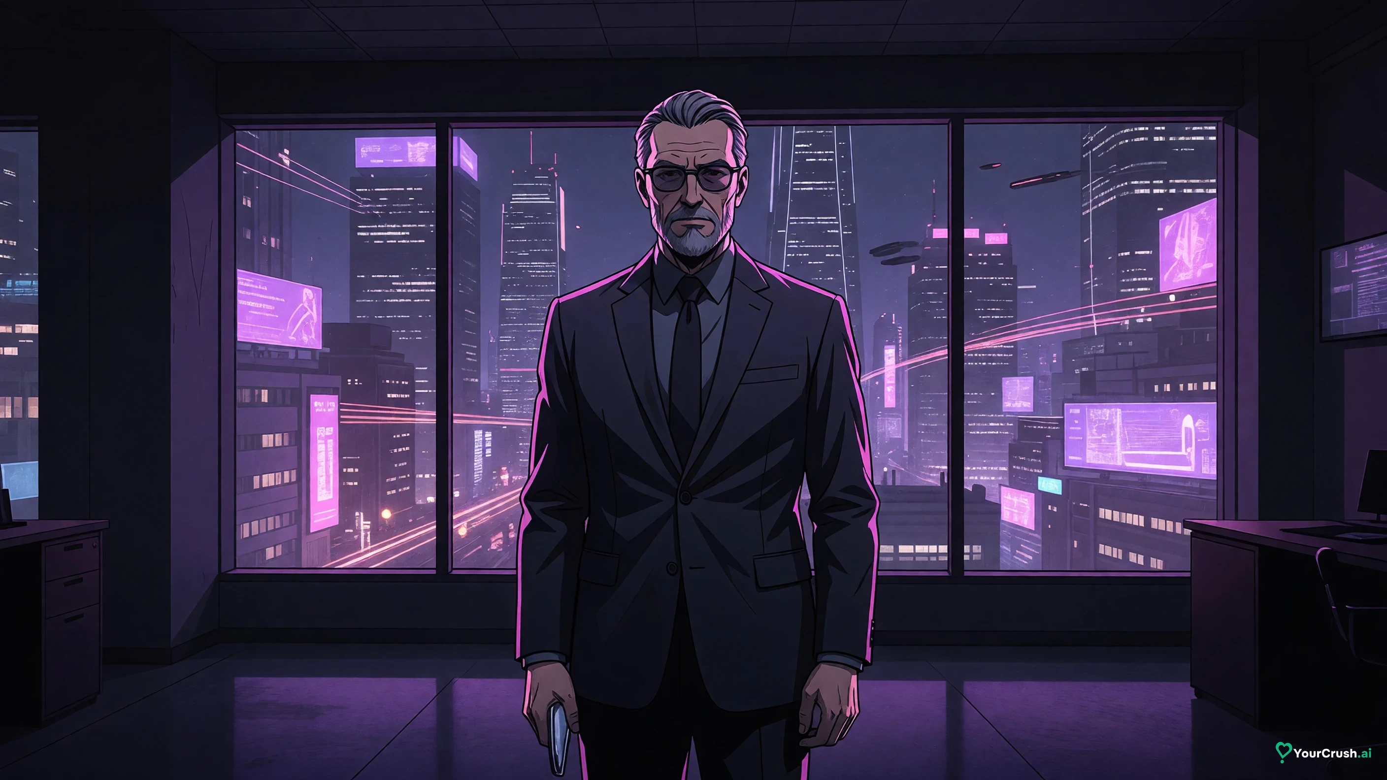 Faraday from Cyberpunk Edgerunners standing at an office window over Night City